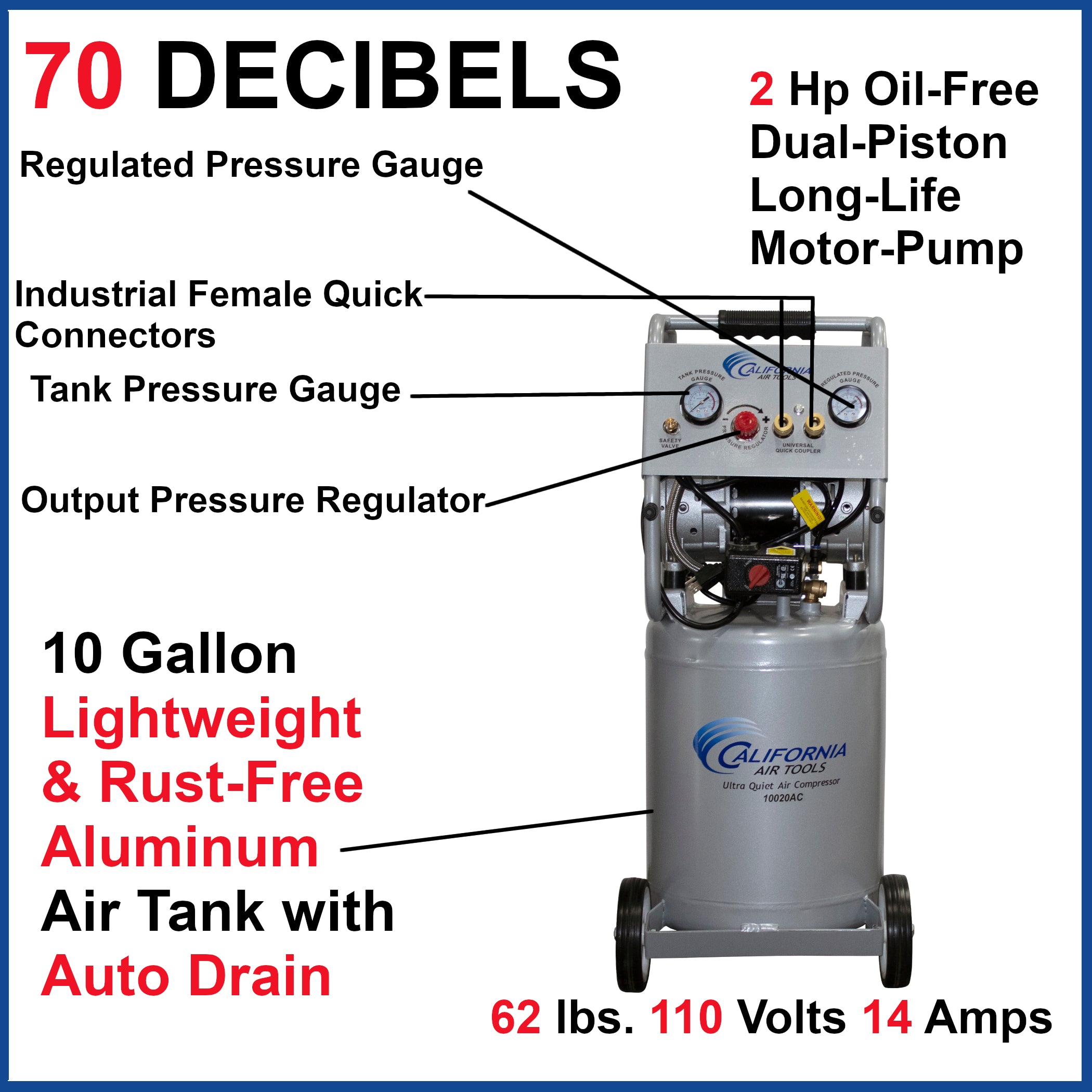 California Air Tools 2.0 Hp, 10.0 Gal. Aluminum Tank Ultra Quiet & Oil-Free Air Compressor w/Auto Drain