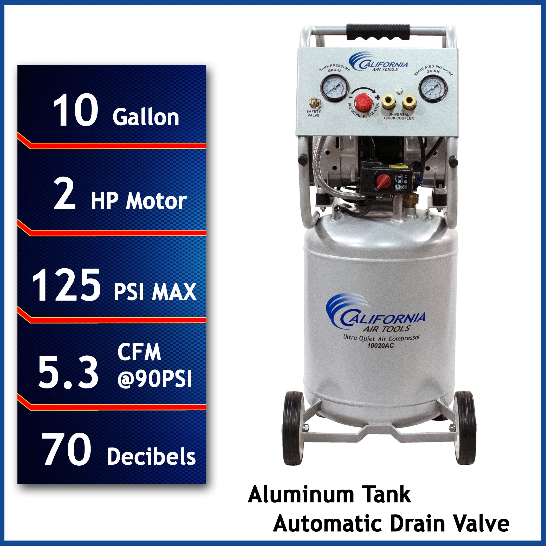 California Air Tools 2.0 Hp, 10.0 Gal. Aluminum Tank Ultra Quiet & Oil-Free Air Compressor w/Auto Drain
