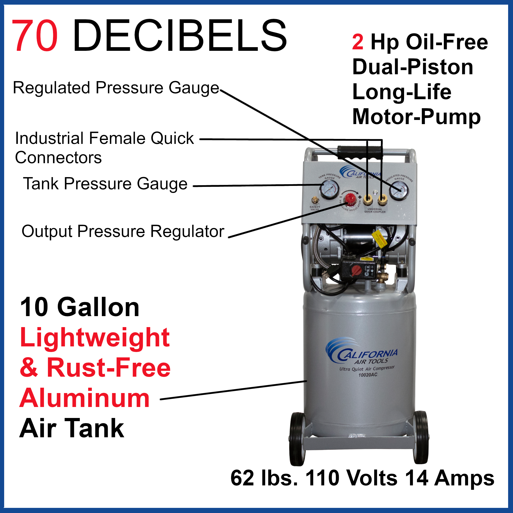 California Air Tools 2.0 Hp, 10.0 Gal. Aluminum Tank Ultra Quiet & Oil-Free Air Compressor