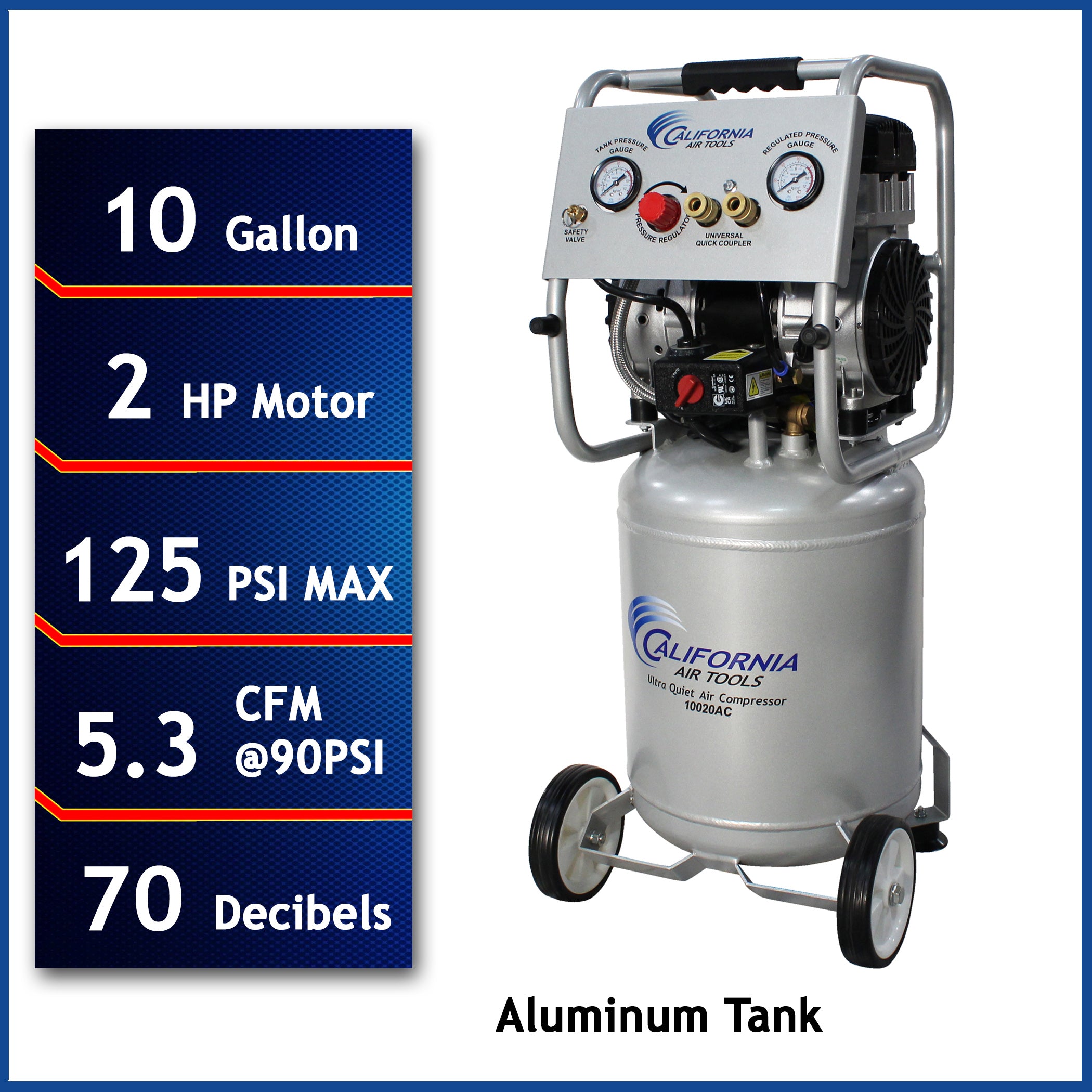 California Air Tools 2.0 Hp, 10.0 Gal. Aluminum Tank Ultra Quiet & Oil-Free Air Compressor