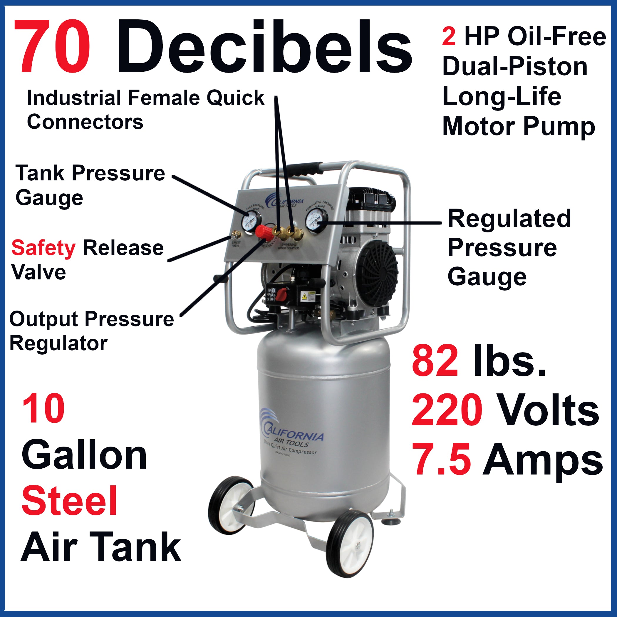 California Air Tools 2.0 Hp, 10.0 Gal. Steel Tank Ultra Quiet & Oil-Free Air Compressor (220v 60 hz)