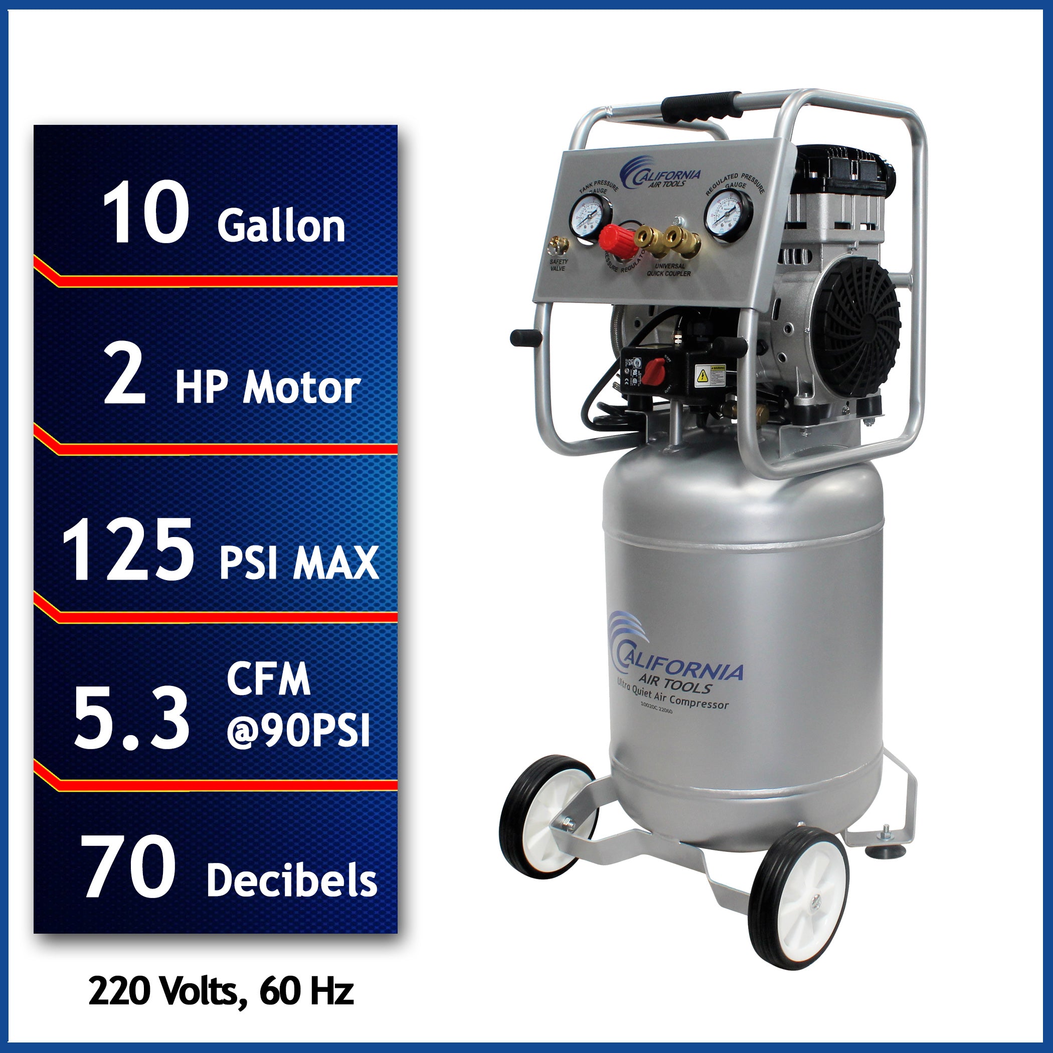 California Air Tools 2.0 Hp, 10.0 Gal. Steel Tank Ultra Quiet & Oil-Free Air Compressor (220v 60 hz)
