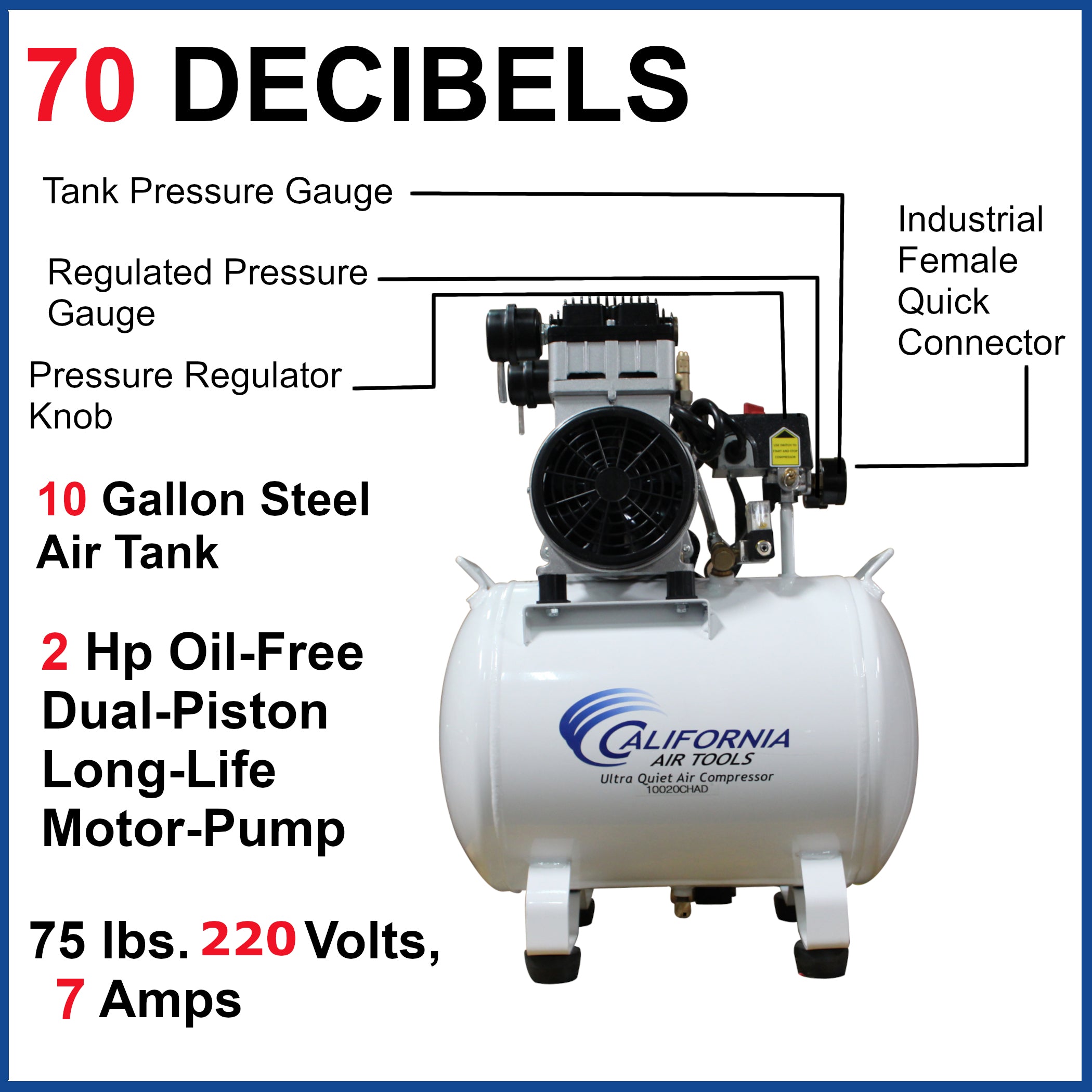 California Air Tools 2.0 Hp, 10.0 Gal. Steel Tank Ultra Quiet & Oil-Free Air Compressor with Auto Drain Valve (220v 60hz)