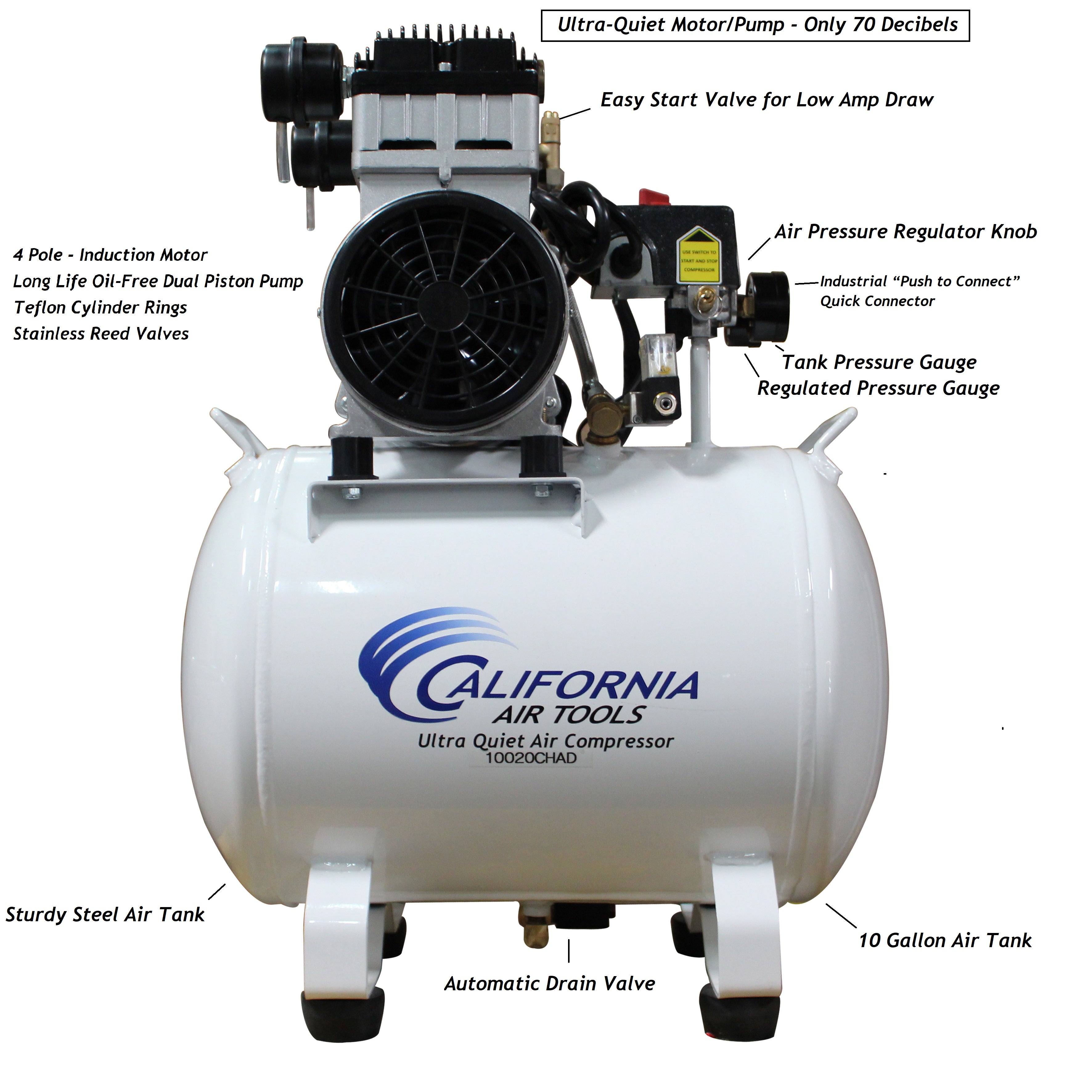 California Air Tools 2.0 Hp 10.0 Gal. Steel Tank Ultra Quiet & Oil-Free Air Compressor with Auto Drain Valve