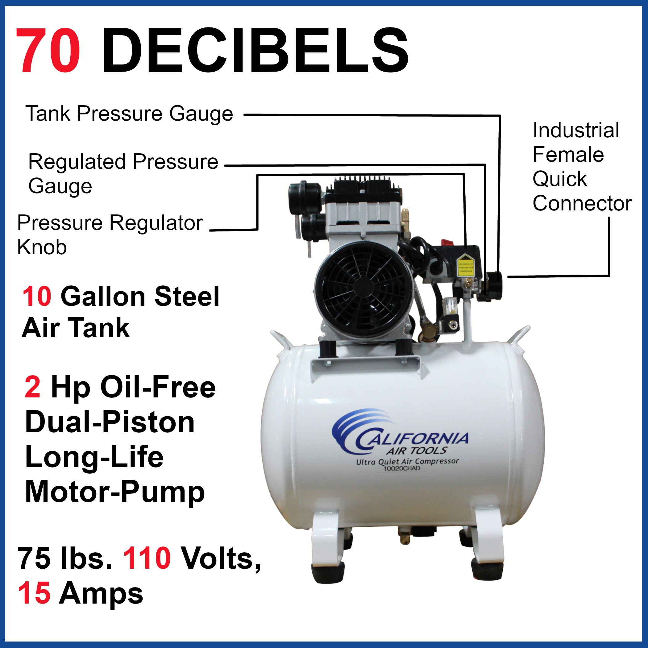 California Air Tools 2.0 Hp 10.0 Gal. Steel Tank Ultra Quiet & Oil-Free Air Compressor with Auto Drain Valve