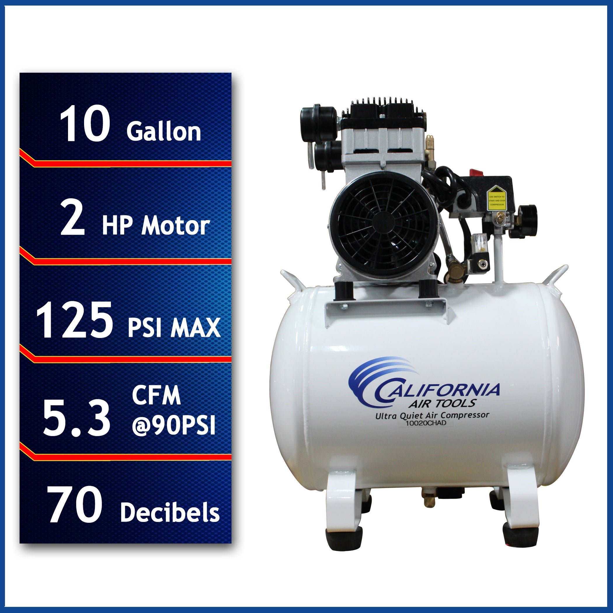 California Air Tools 2.0 Hp, 10.0 Gal. Steel Tank Ultra Quiet & Oil-Free Air Compressor with Auto Drain Valve (220v 60hz)