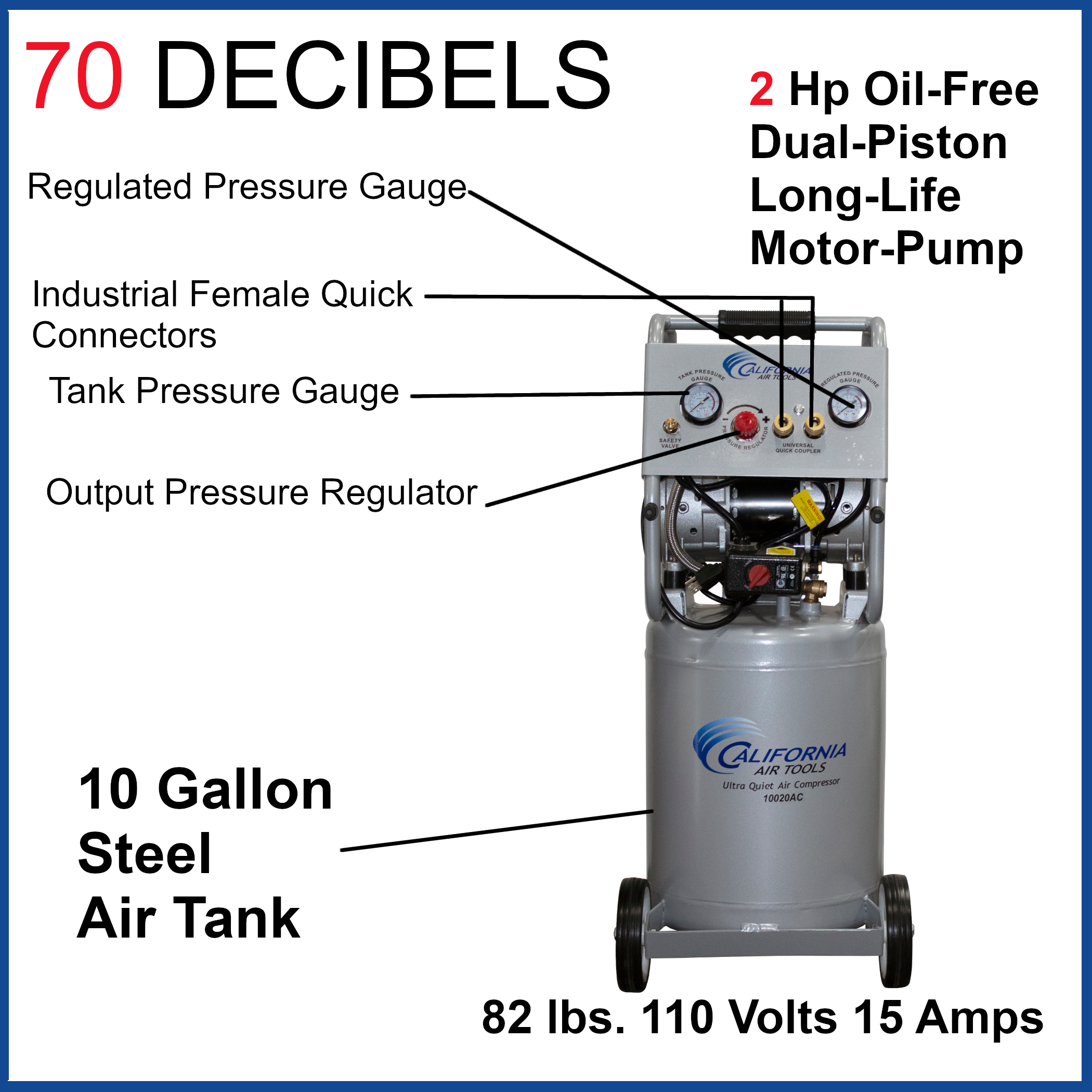California Air Tools 2.0 Hp, 10.0 Gal. Steel Tank Ultra Quiet & Oil-Free Air Compressor