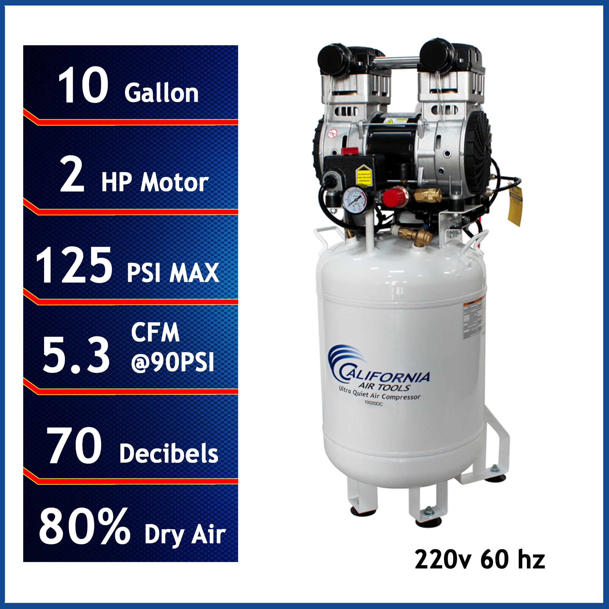 California Air Tools 2.0 Hp, 10.0 Gal. Steel Tank Ultra Quiet & Oil-Free Air Compressor with Air Drying System (220V 60Hz)