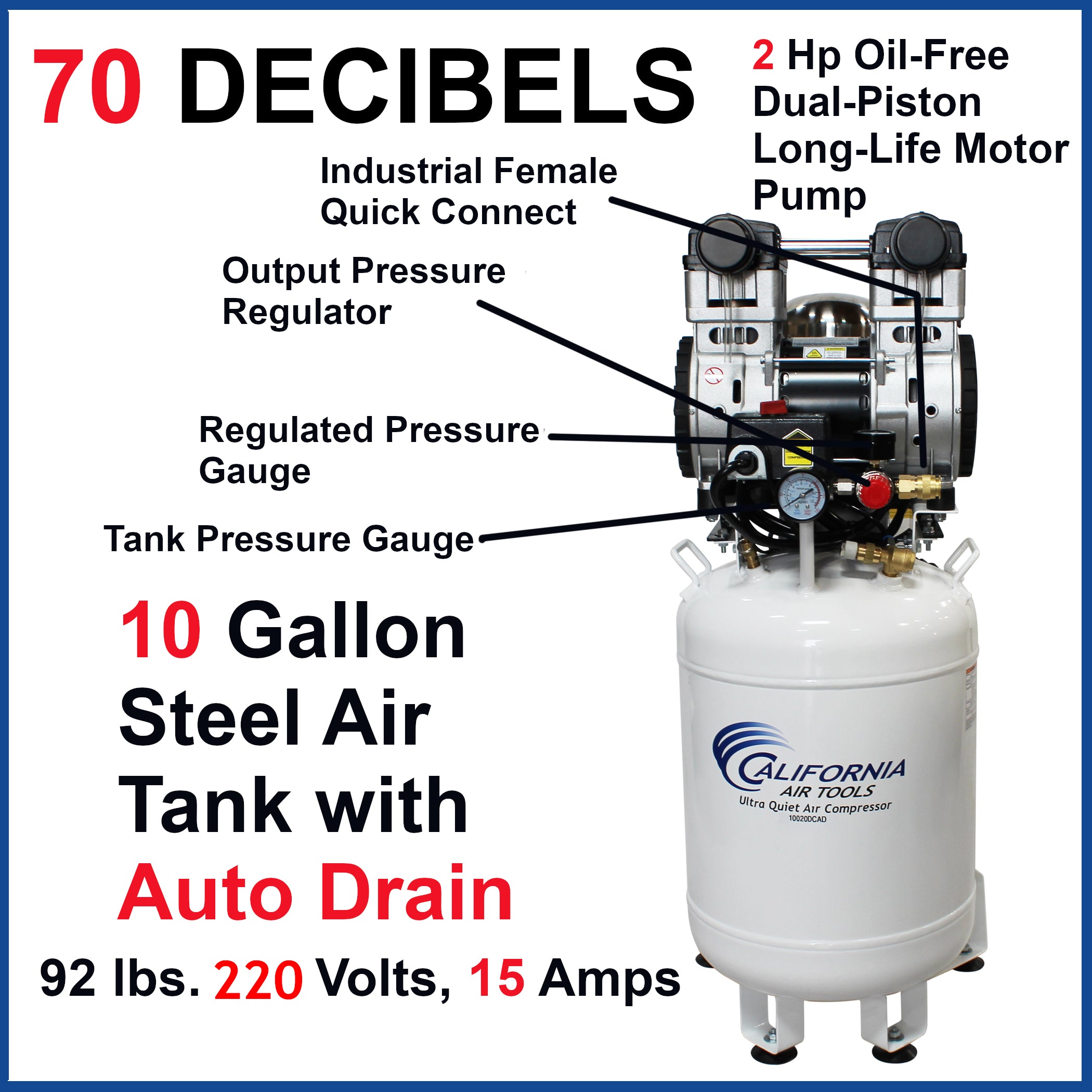 California Air Tools 2.0 Hp, 10.0 Gal. Steel Tank Ultra Quiet & Oil-Free Air Compressor with Air Drying System (20V 60Hz)