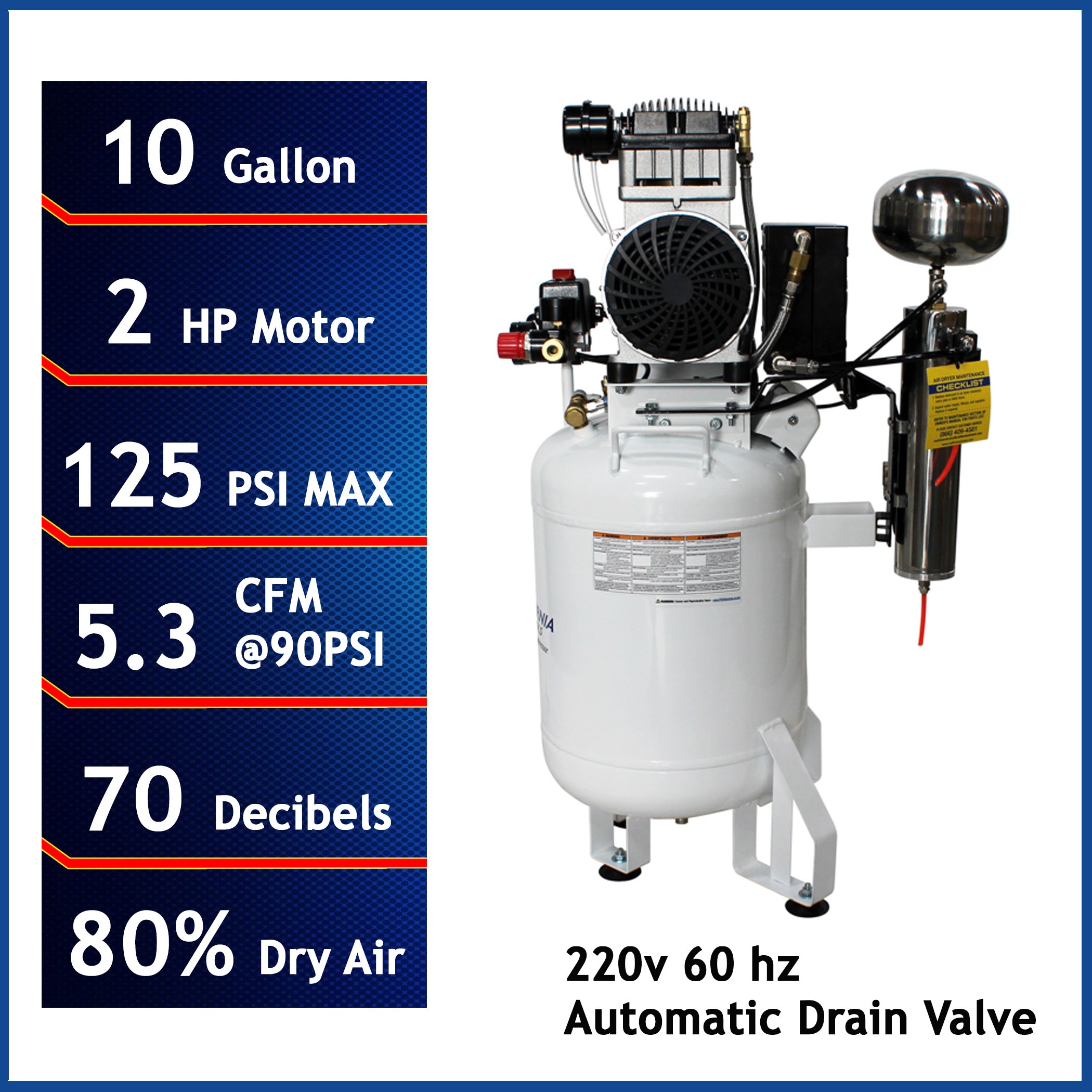 California Air Tools 2.0 Hp, 10.0 Gal. Steel Tank Ultra Quiet & Oil-Free Air Compressor with Air Drying System (20V 60Hz)