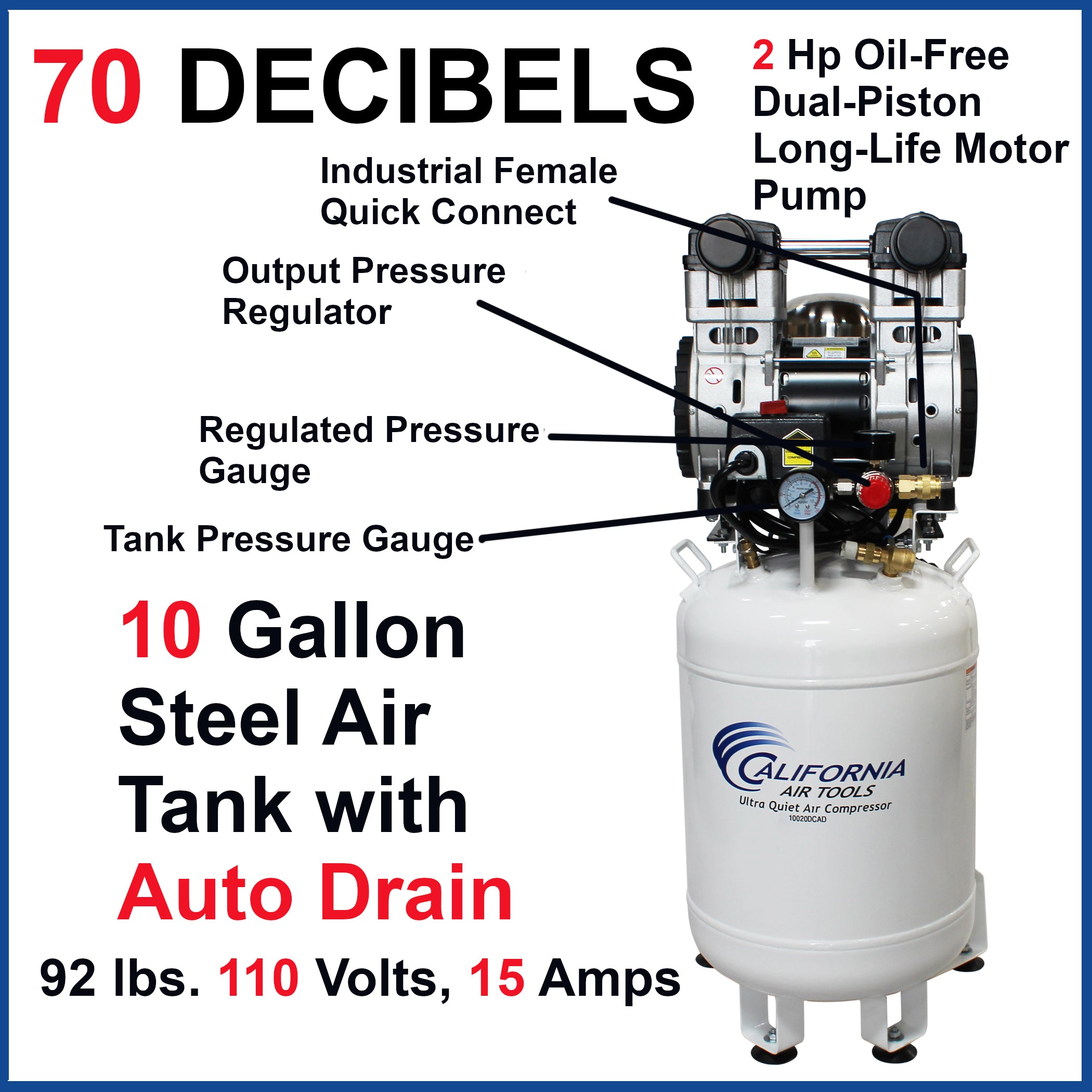 California Air Tools 2.0 Hp, 10.0 Gal. Steel Tank Ultra Quiet & Oil-Free Air Compressor with Air Drying System
