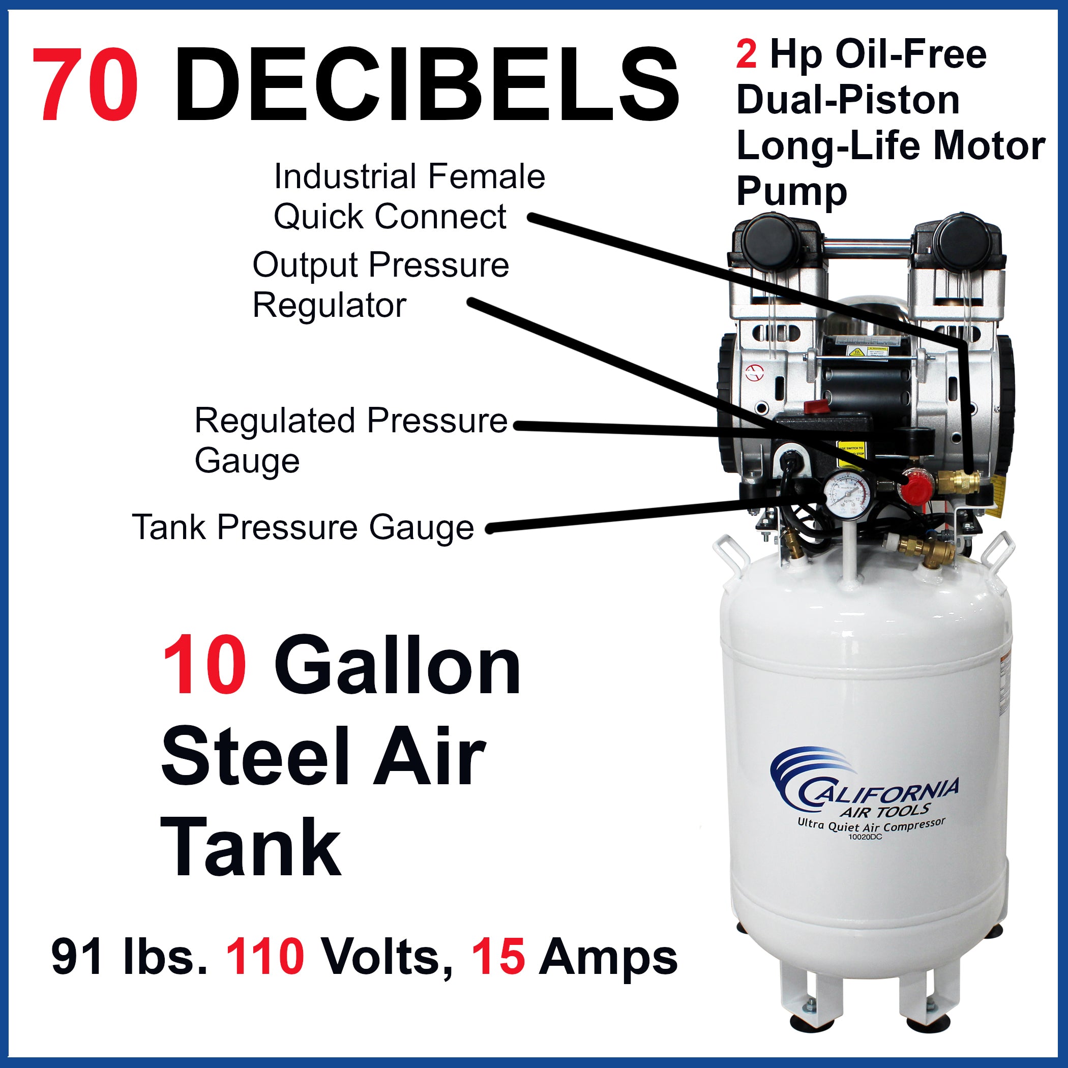 California Air Tools 2.0 Hp, 10.0 Gal. Steel Tank Ultra Quiet & Oil-Free Air Compressor with Air Drying System (110V 60Hz)