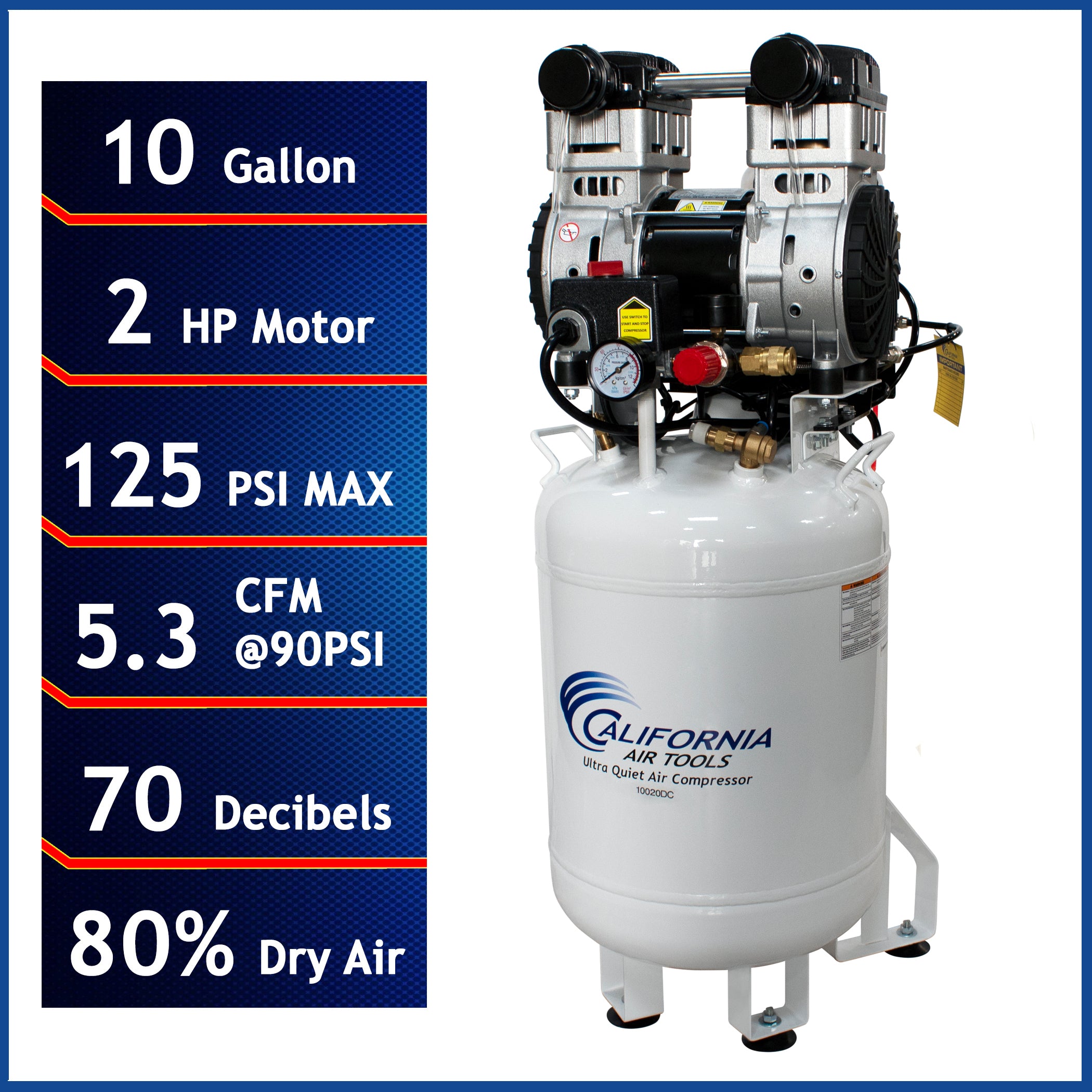 California Air Tools 2.0 Hp, 10.0 Gal. Steel Tank Ultra Quiet & Oil-Free Air Compressor with Air Drying System (110V 60Hz)