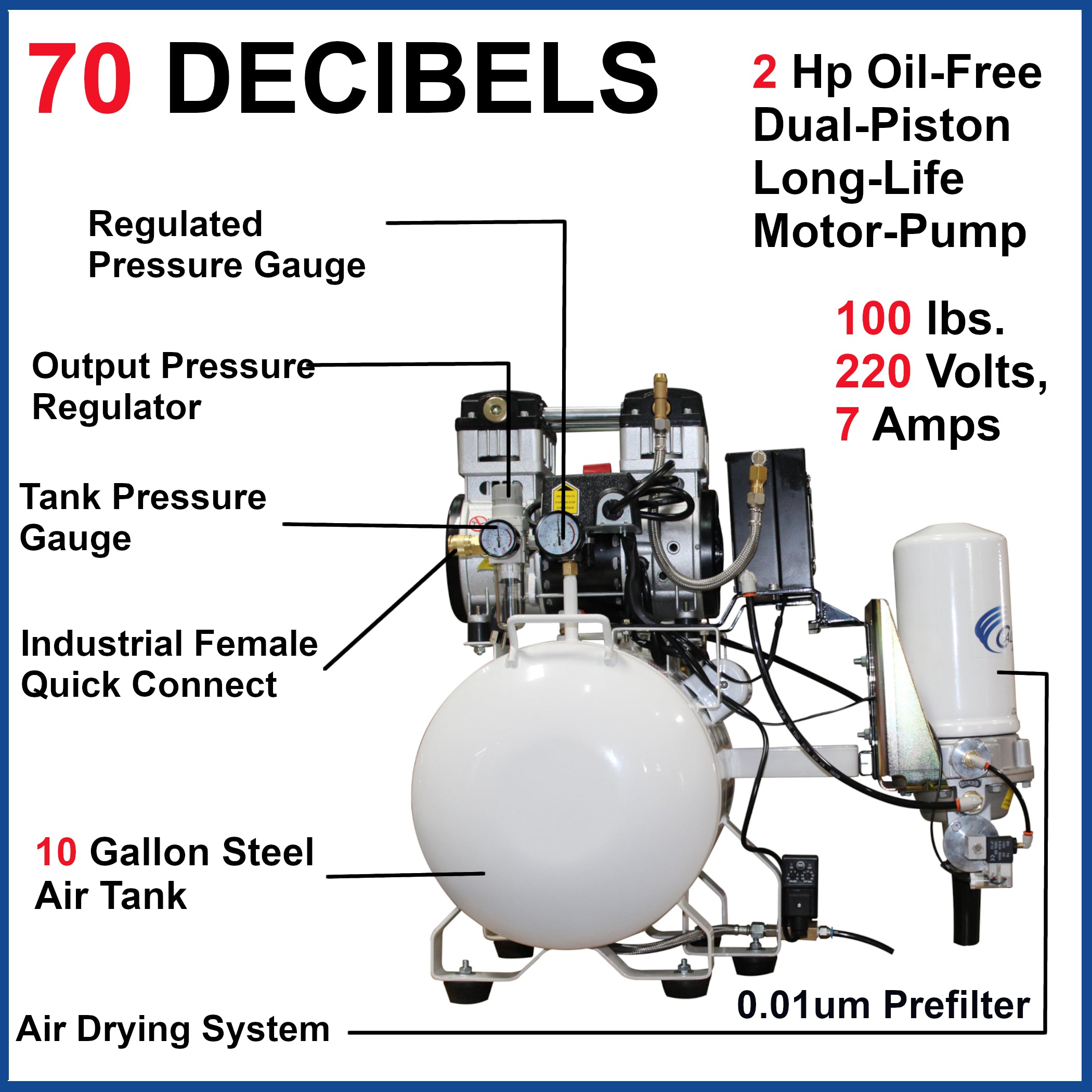 California Air Tools 2.0 Hp, 10.0 Gal. Steel Tank Ultra Quiet & Oil-Free Air Compressor with Air Drying System 220v 60hz