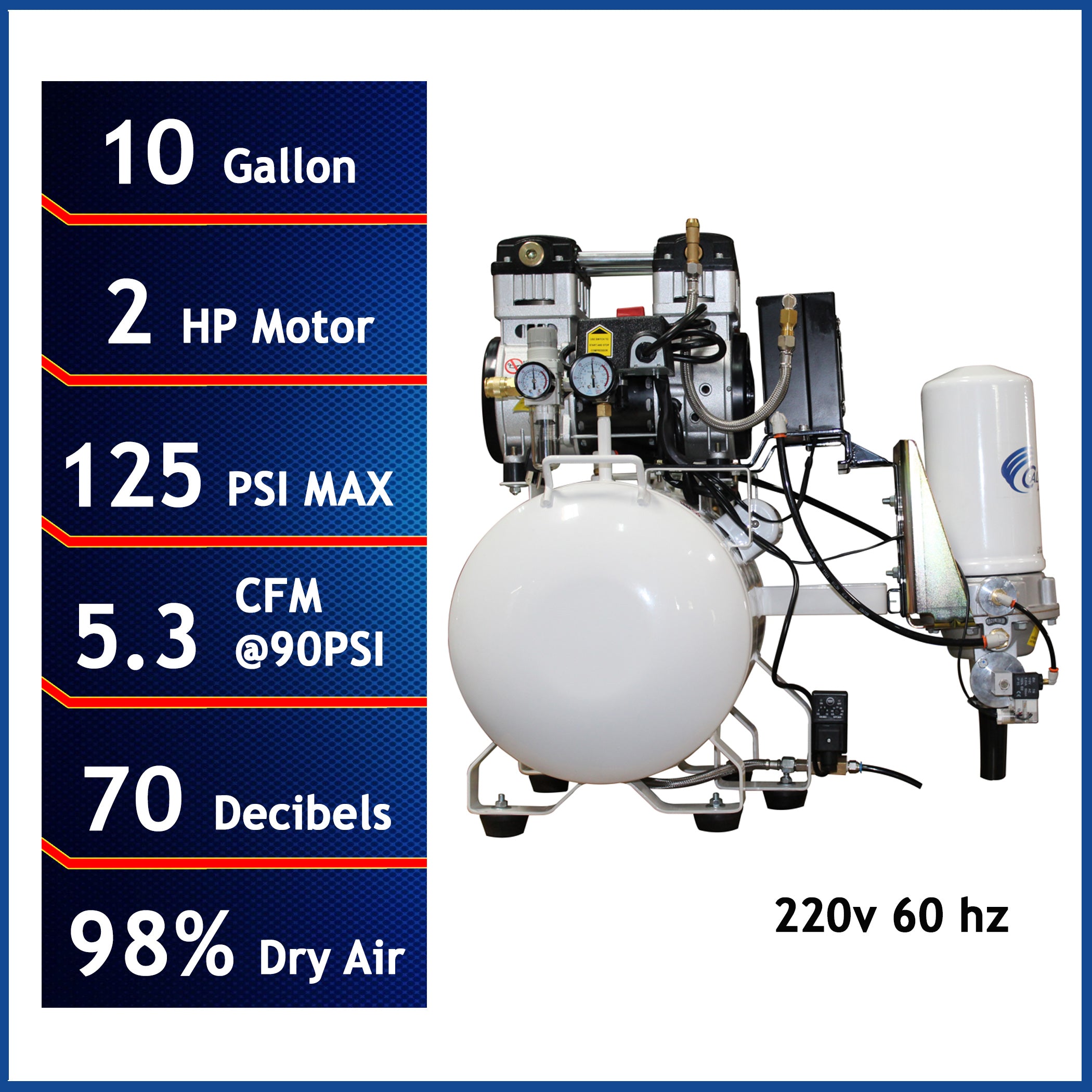 California Air Tools 2.0 Hp, 10.0 Gal. Steel Tank Ultra Quiet & Oil-Free Air Compressor with Air Drying System 220v 60hz