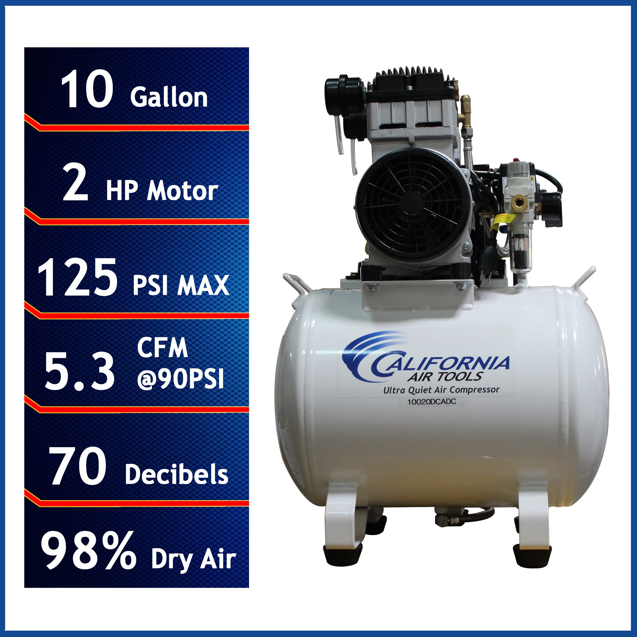 California Air Tools 2.0 Hp, 10.0 Gal. Steel Tank Ultra Quiet & Oil-Free Air Compressor with Air Drying System