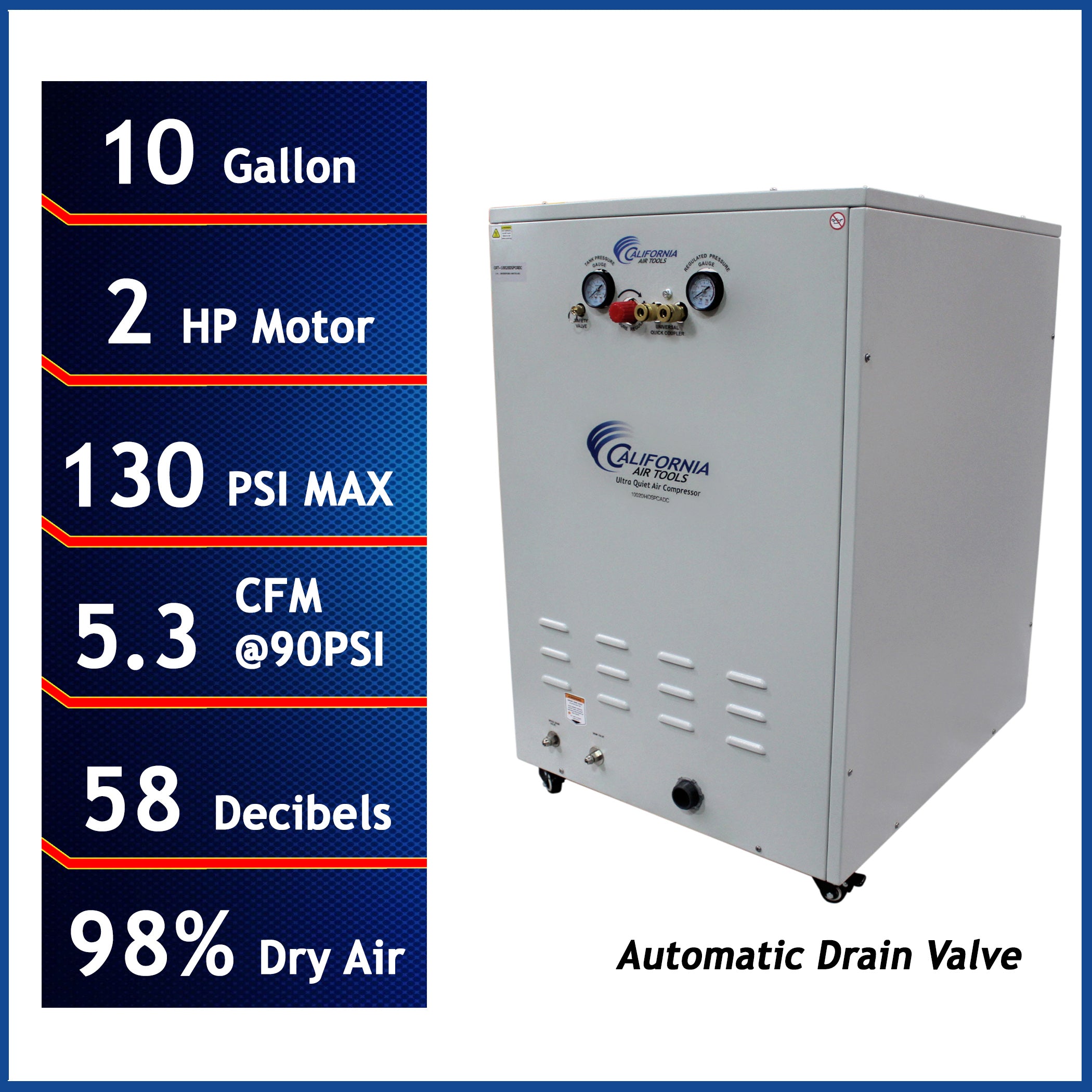 California Air Tools 10 Gal. 2.0 Hp Ultra Quiet & Oil-Free Air Compressor with 98% Air Drying System and Automatic Drain in Sound Proof Cabinet