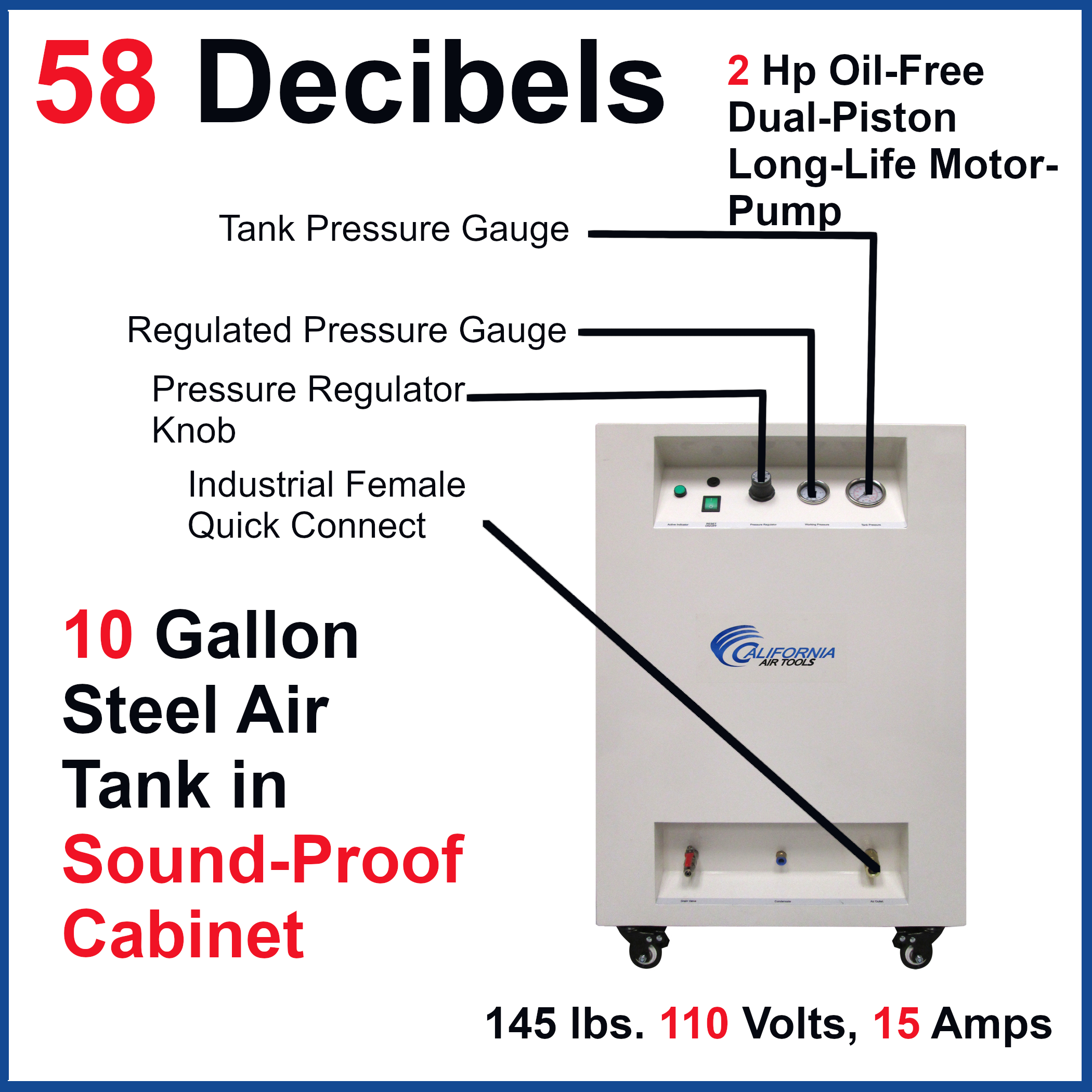 California Air Tools 2.0 Hp 10.0 Gal. Steel Tank Ultra Quiet & Oil-Free Air Compressor in Sound Proof Cabinet