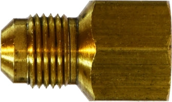 Brass SAE 45° flare adapter — male 45° flare on one end, female NPT hex body on the other