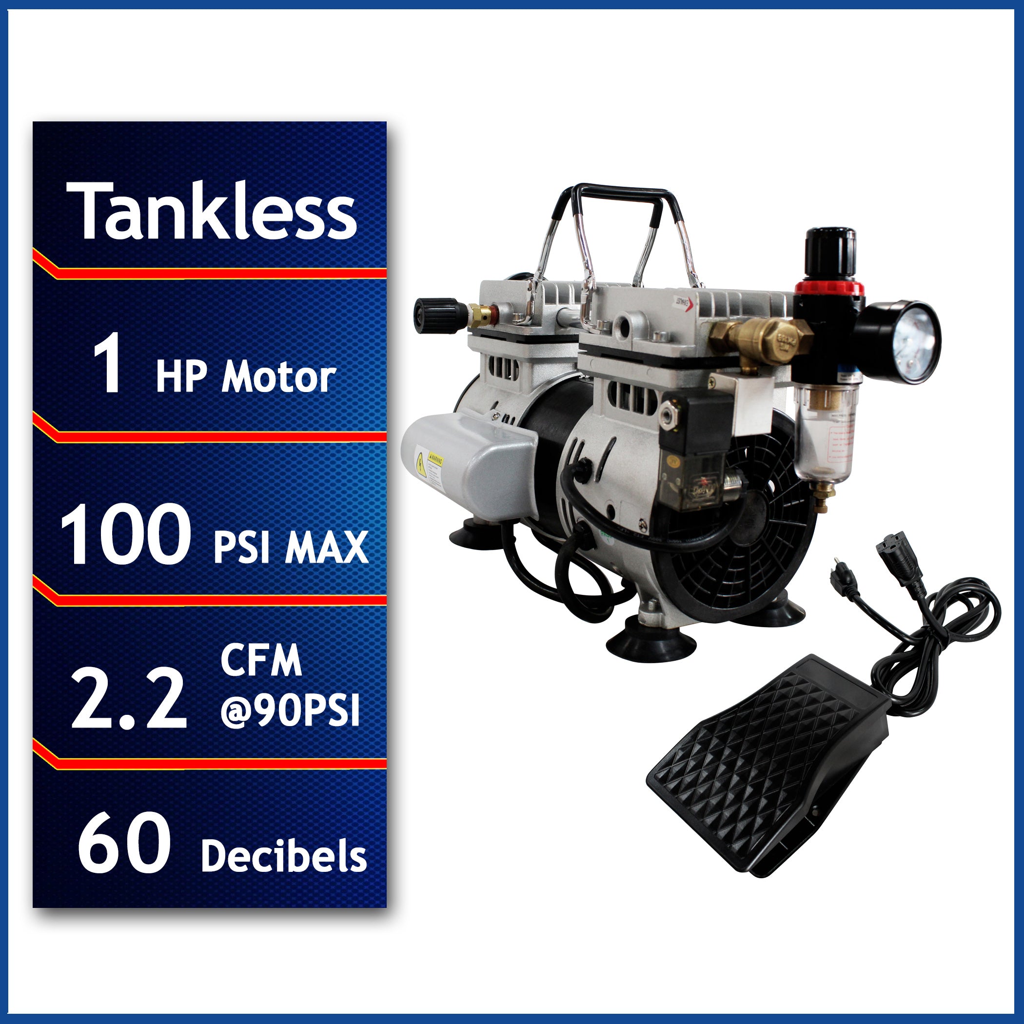 California Air Tools 1.0 Hp Tankless Ultra Quiet & Oil-Free Air Compressor with Power Pedal