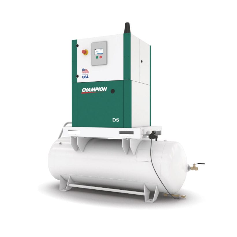Champion D5 AirStation enclosed rotary screw air compressor mounted on a horizontal ASME receiver tank