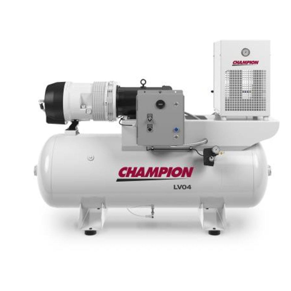 Champion LV04 rotary vane air compressor on a horizontal receiver tank with mounted starter and refrigerated dryer