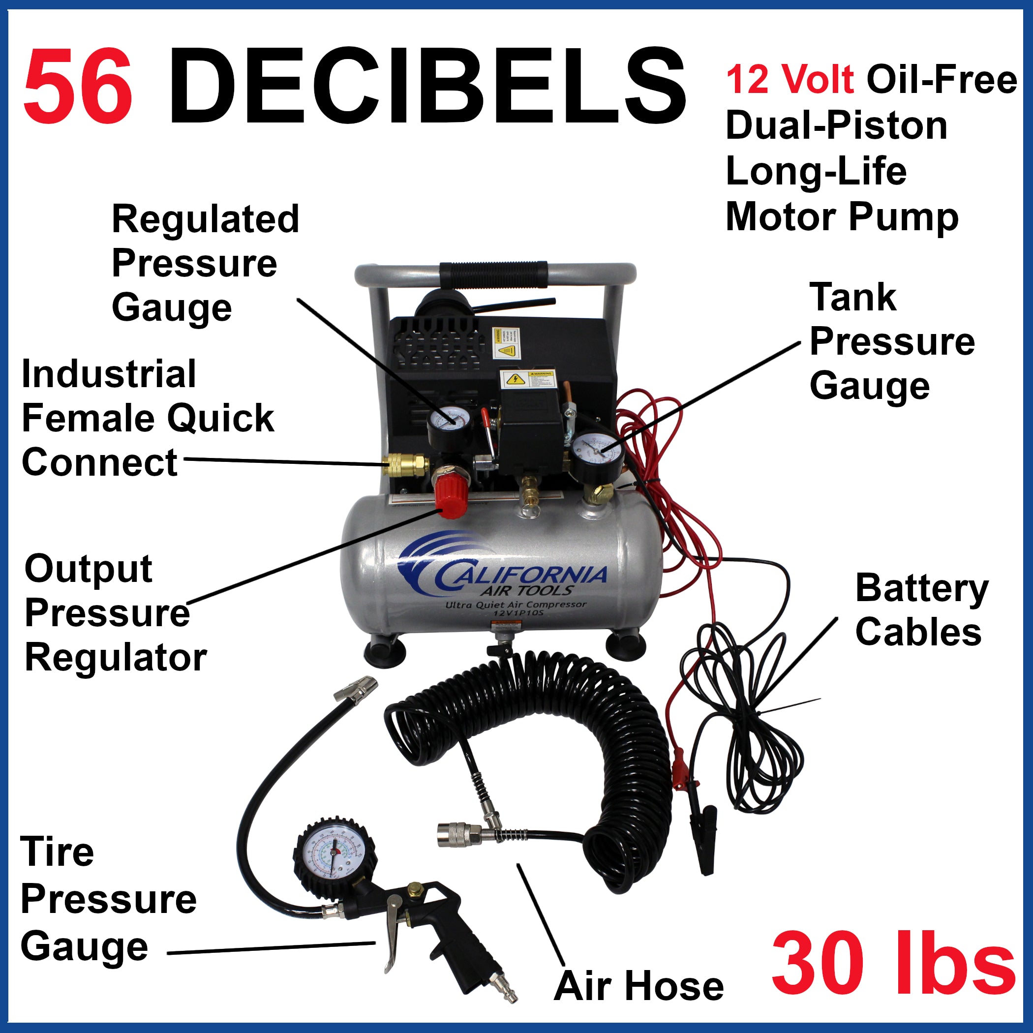 California Air Tools .12 Volt, 1.0 Gal. Steel Tank Portable Light & Quiet Air Compressor