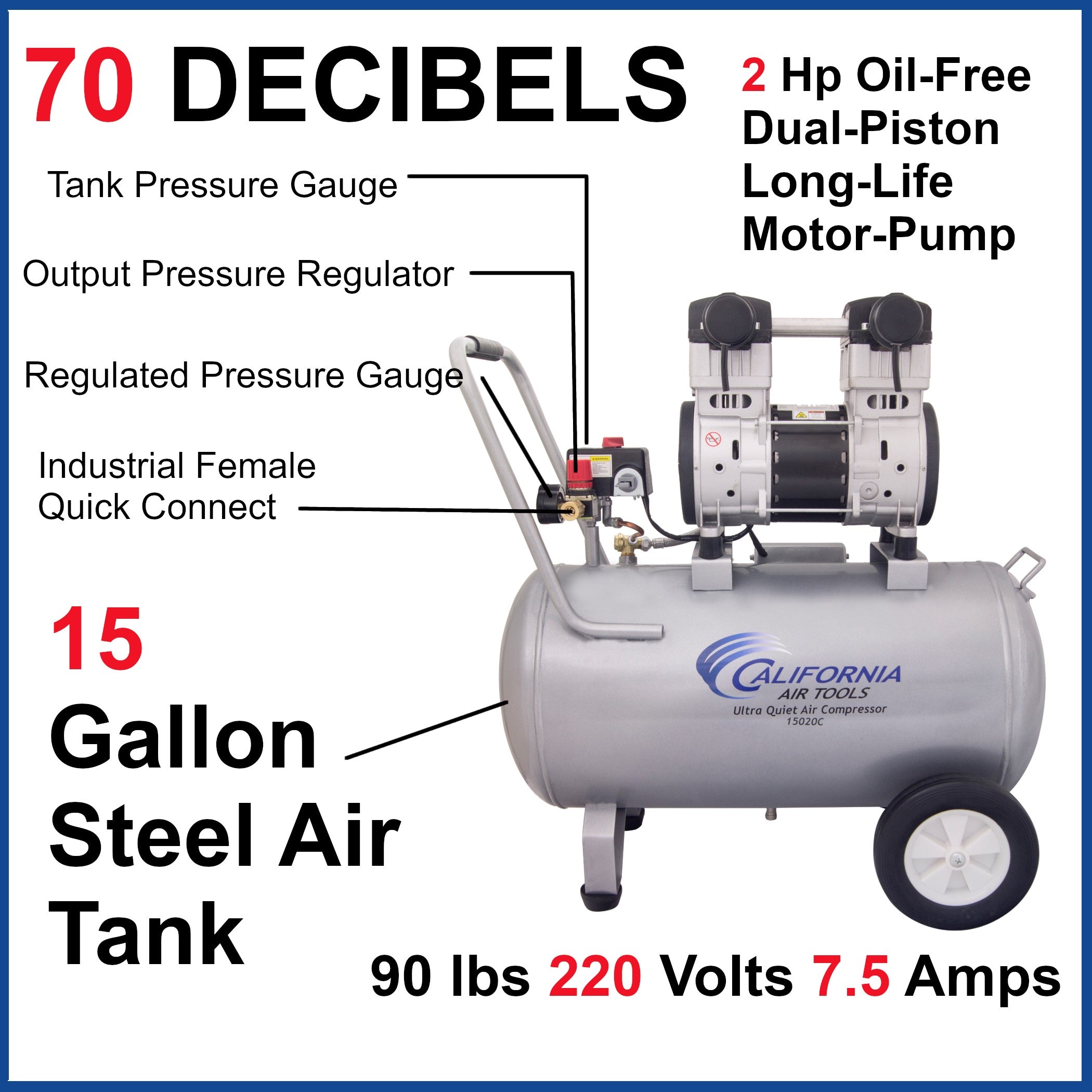 California Air Tools 2.0 Hp, 15.0 Gal. Steel Tank Ultra Quiet  & Oil-Free Air Compressor