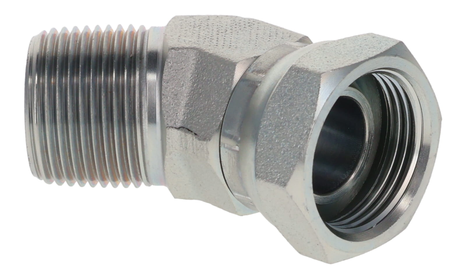 Steel 45° elbow swivel adapter, male NPT × female NPT swivel, zinc-plated forged steel