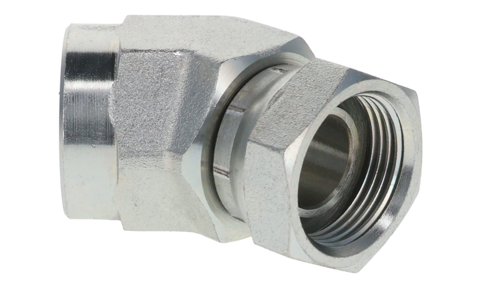 Steel 45° swivel union elbow adapter, female NPT x female NPT, zinc-plated