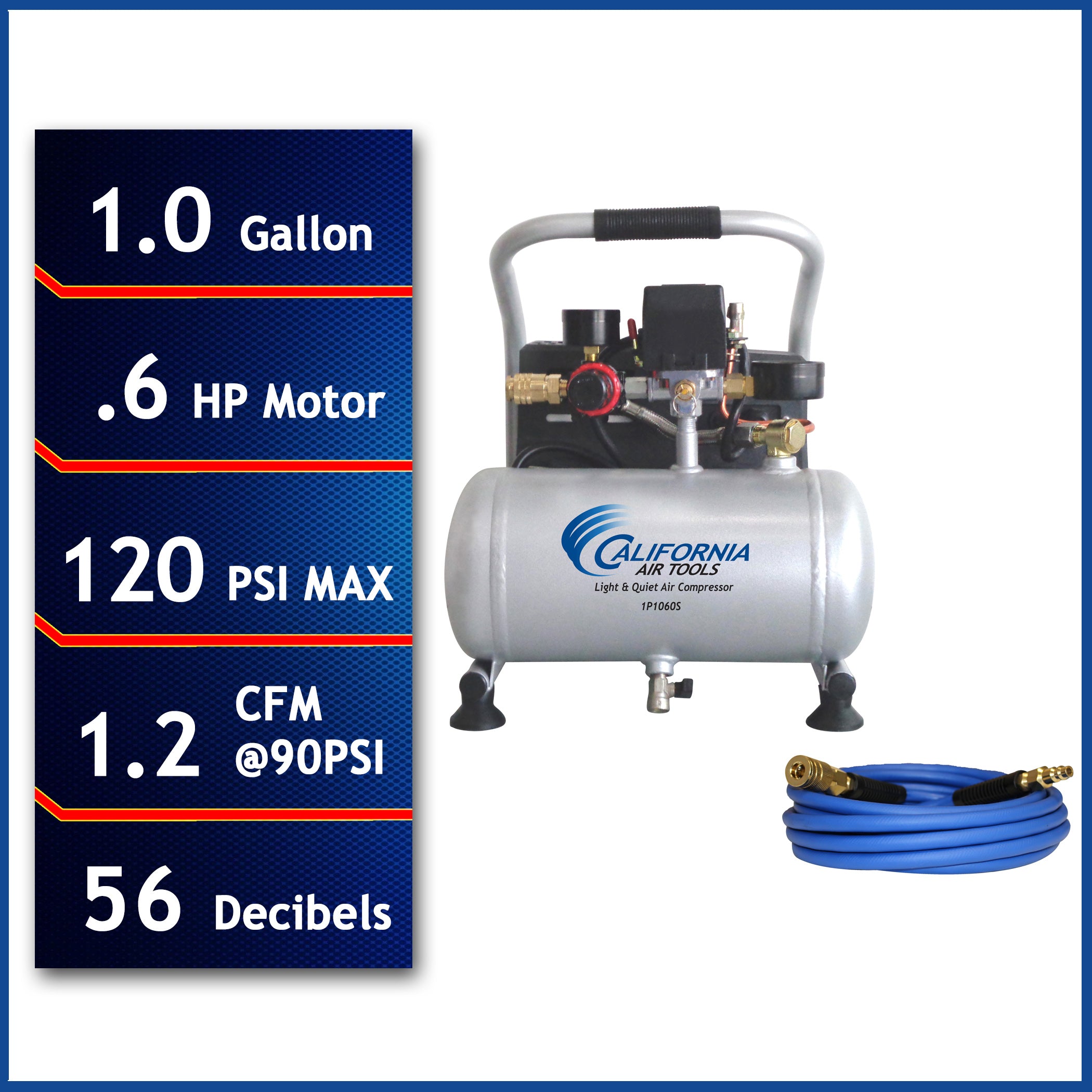 California Air Tools .6 HP, 1.0 GAL. Steel Tank Portable Light & Quiet Air Compressor with Hose Kit