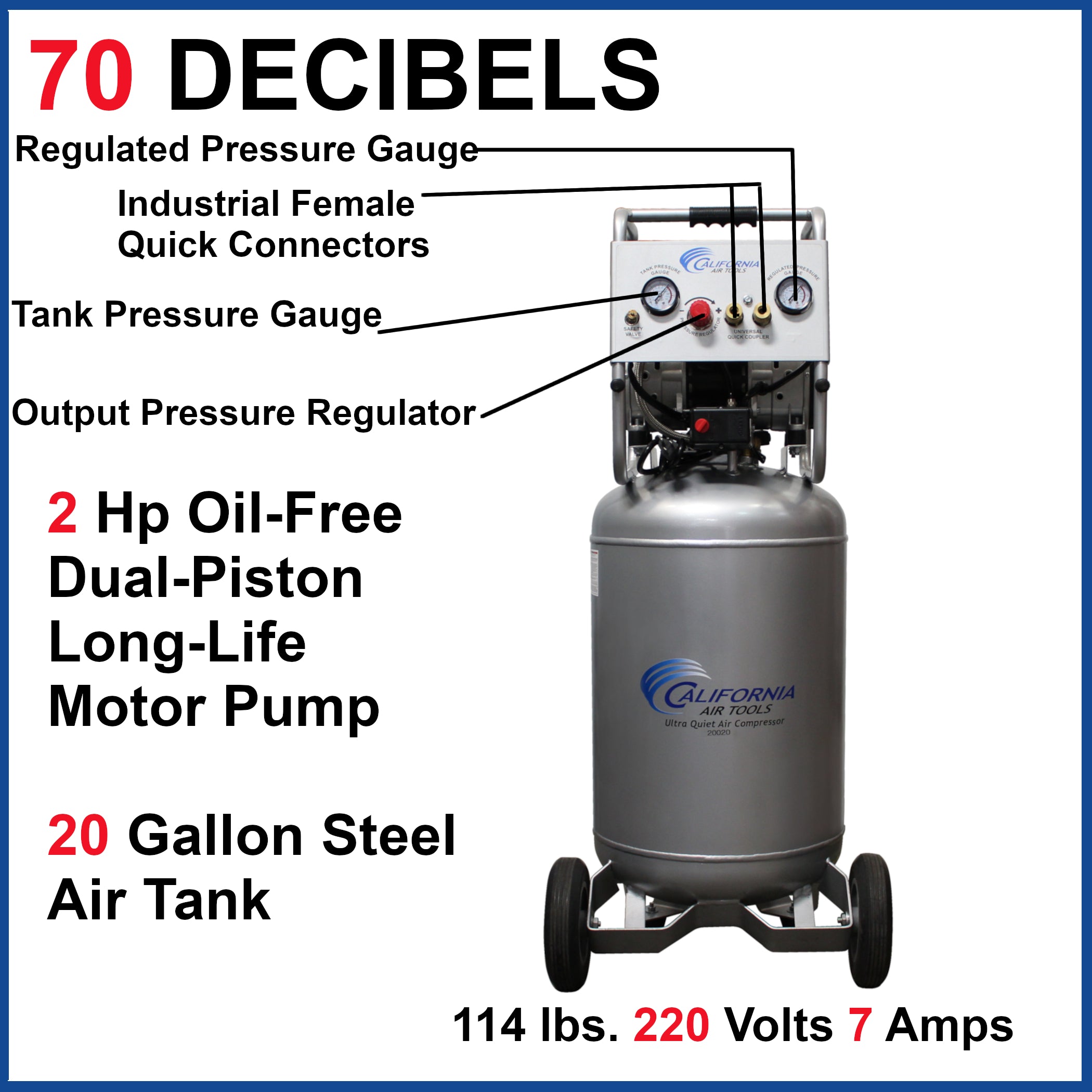 California Air Tools 2.0 Hp, 20.0 Gal. Steel Tank Ultra Quiet & Oil-Free Air Compressor  (220 V 60 Hz)