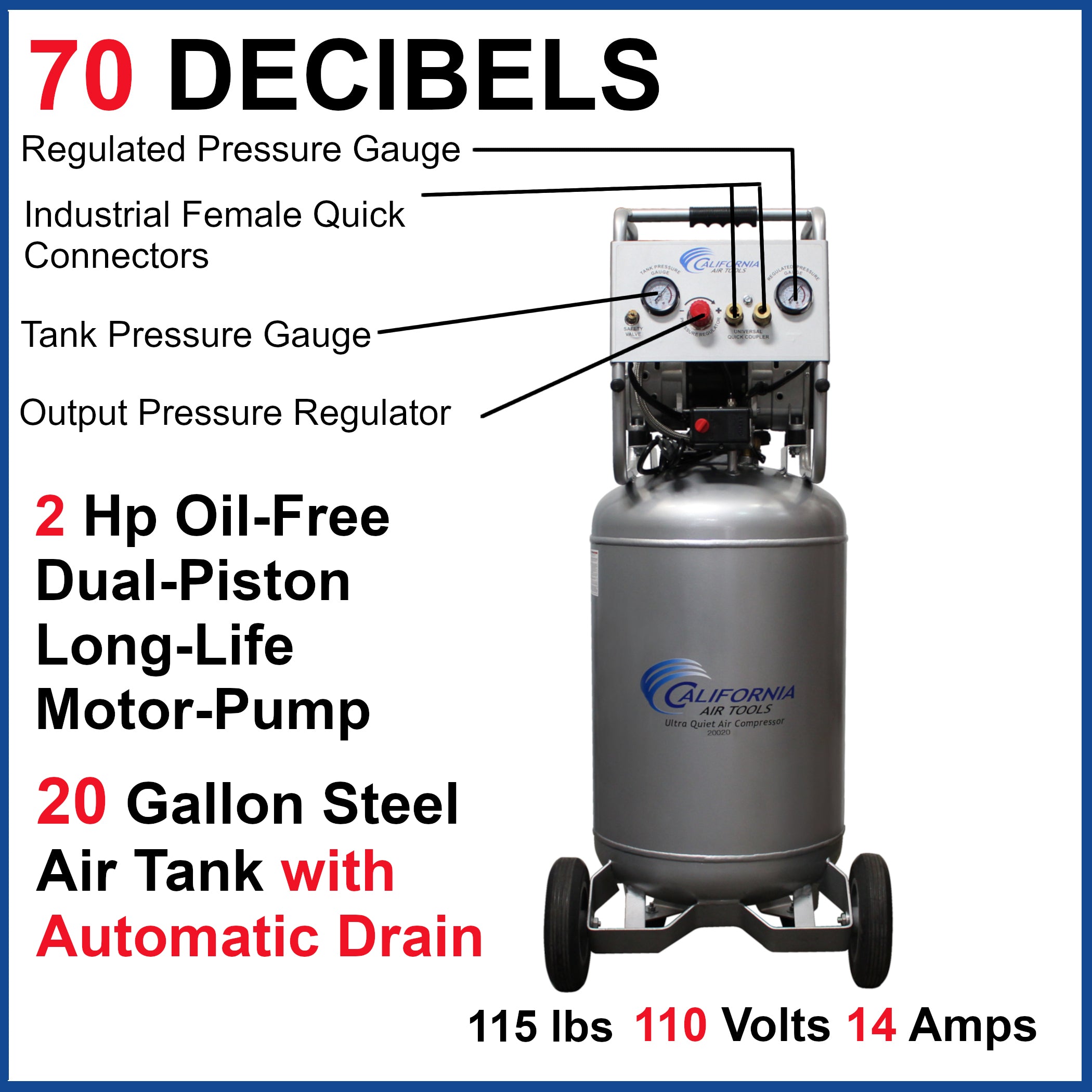 California Air Tools 2.0 Hp, 20.0 Gal. Steel Tank Air Ultra Quiet & Oil-Free Compressor with Automatic Drain Valve