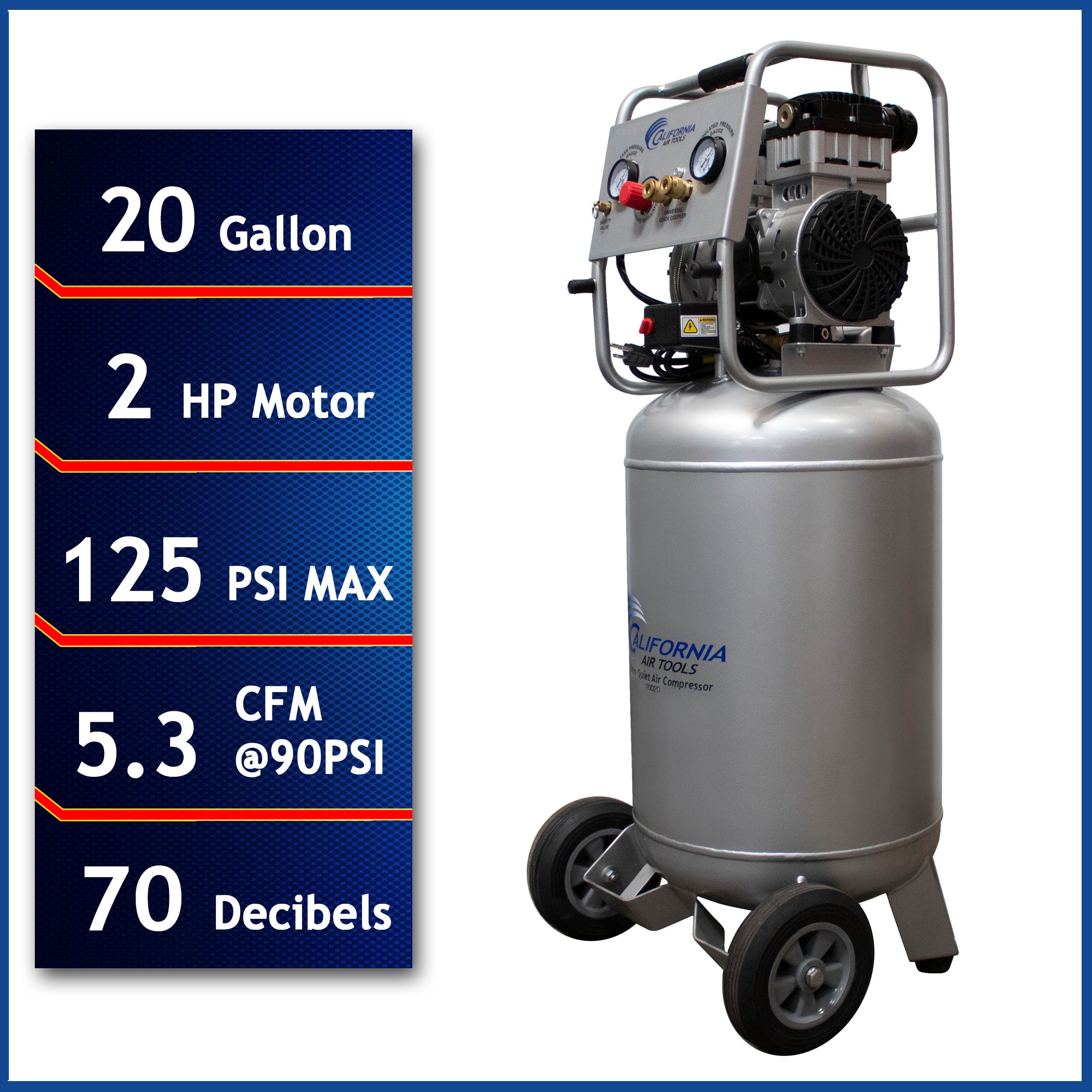 California Air Tools 2.0 Hp, 20.0 Gal. Steel Tank Ultra Quiet & Oil-Free Air Compressor with Auto Drain 220 Volts 60 Hertz
