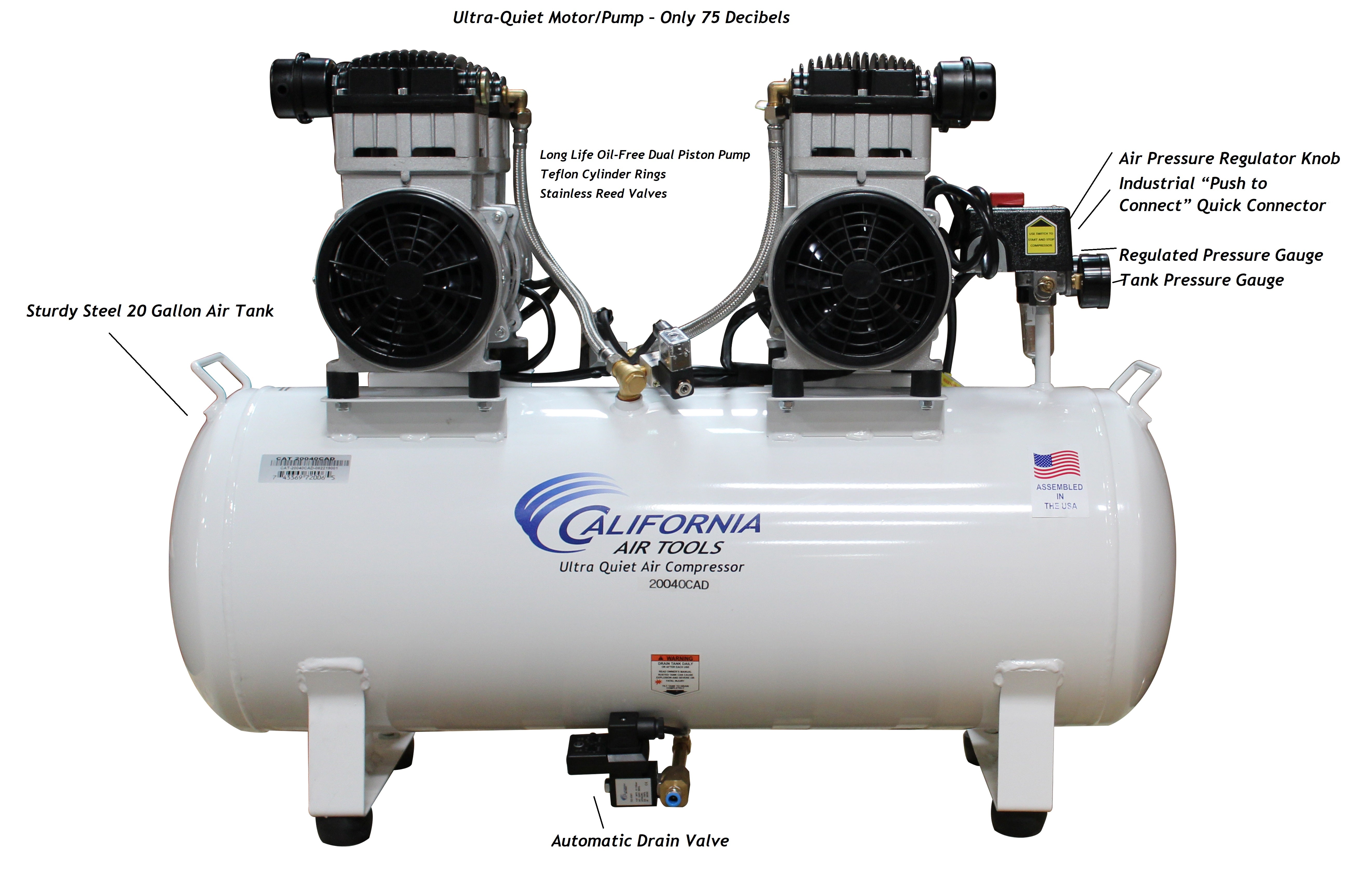 California Air Tools 4.0 Hp, 20.0 Gal. Steel Tank Ultra Quiet & Oil-Free Air Compressor with Auto Drain Valve