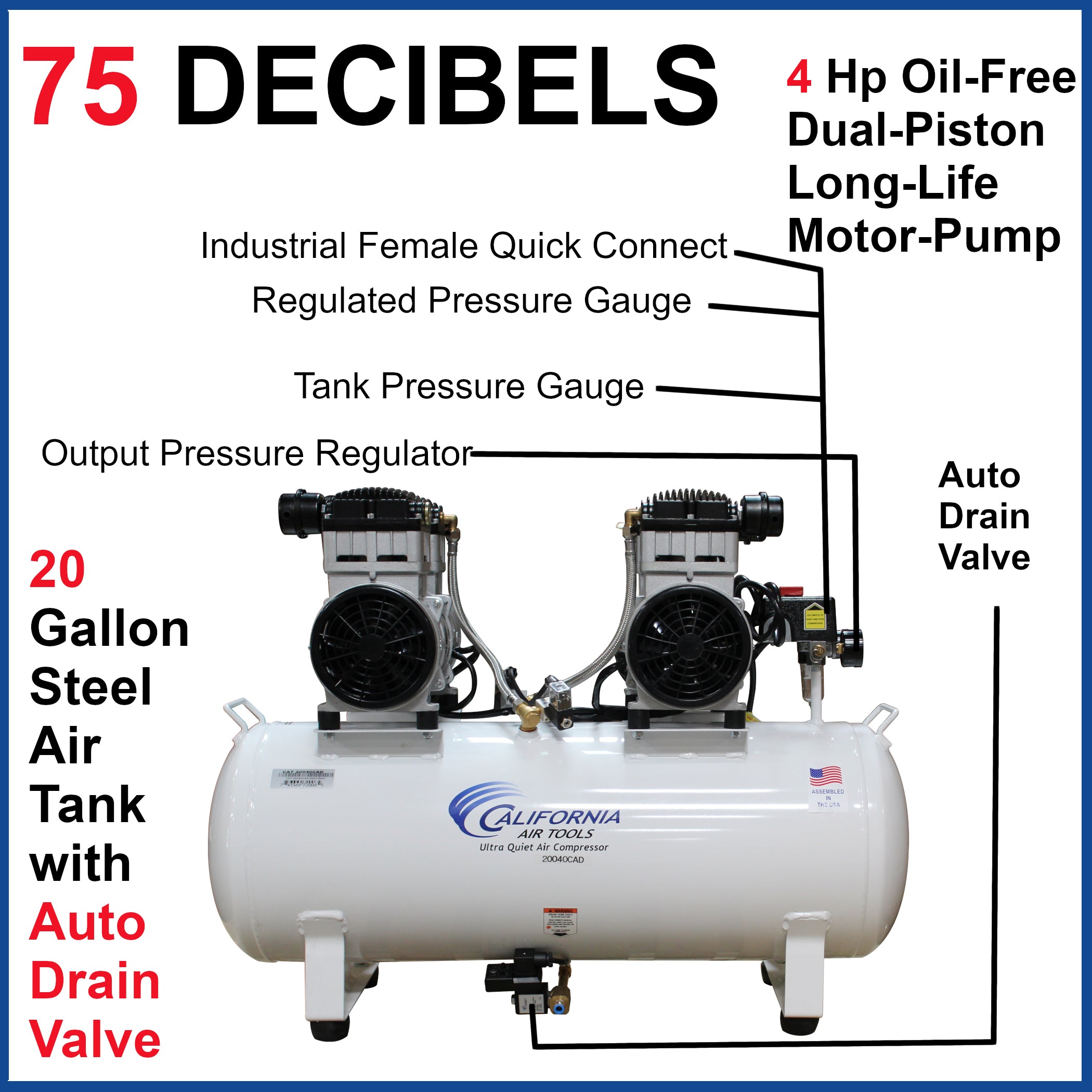 California Air Tools 4.0 Hp, 20.0 Gal. Steel Tank Ultra Quiet & Oil-Free Air Compressor with Auto Drain Valve