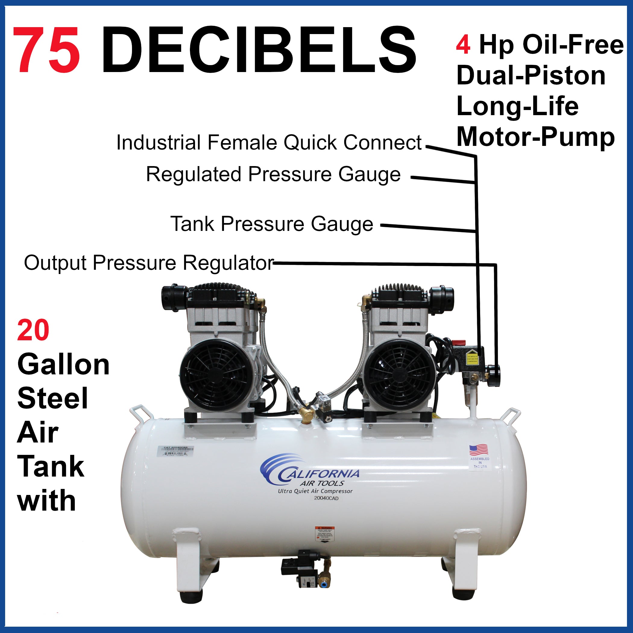 California Air Tools 4.0 Hp, 20.0 Gal. Steel Tank Ultra Quiet & Oil-Free Air Compressor