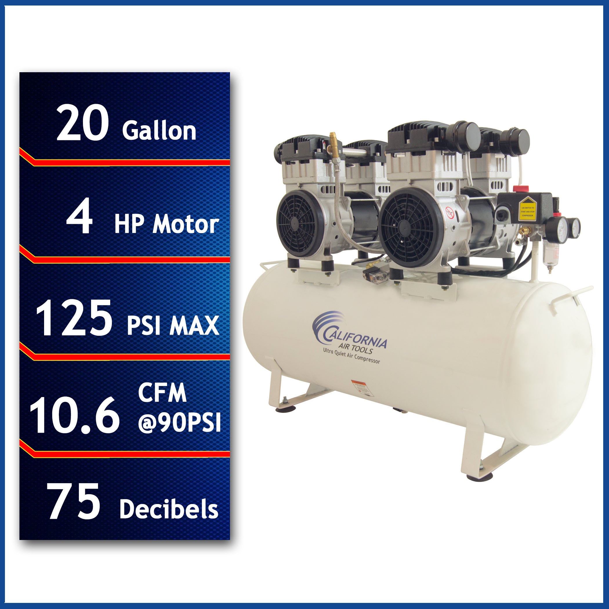 California Air Tools 4.0 Hp, 20.0 Gal. Steel Tank Ultra Quiet & Oil-Free Air Compressor