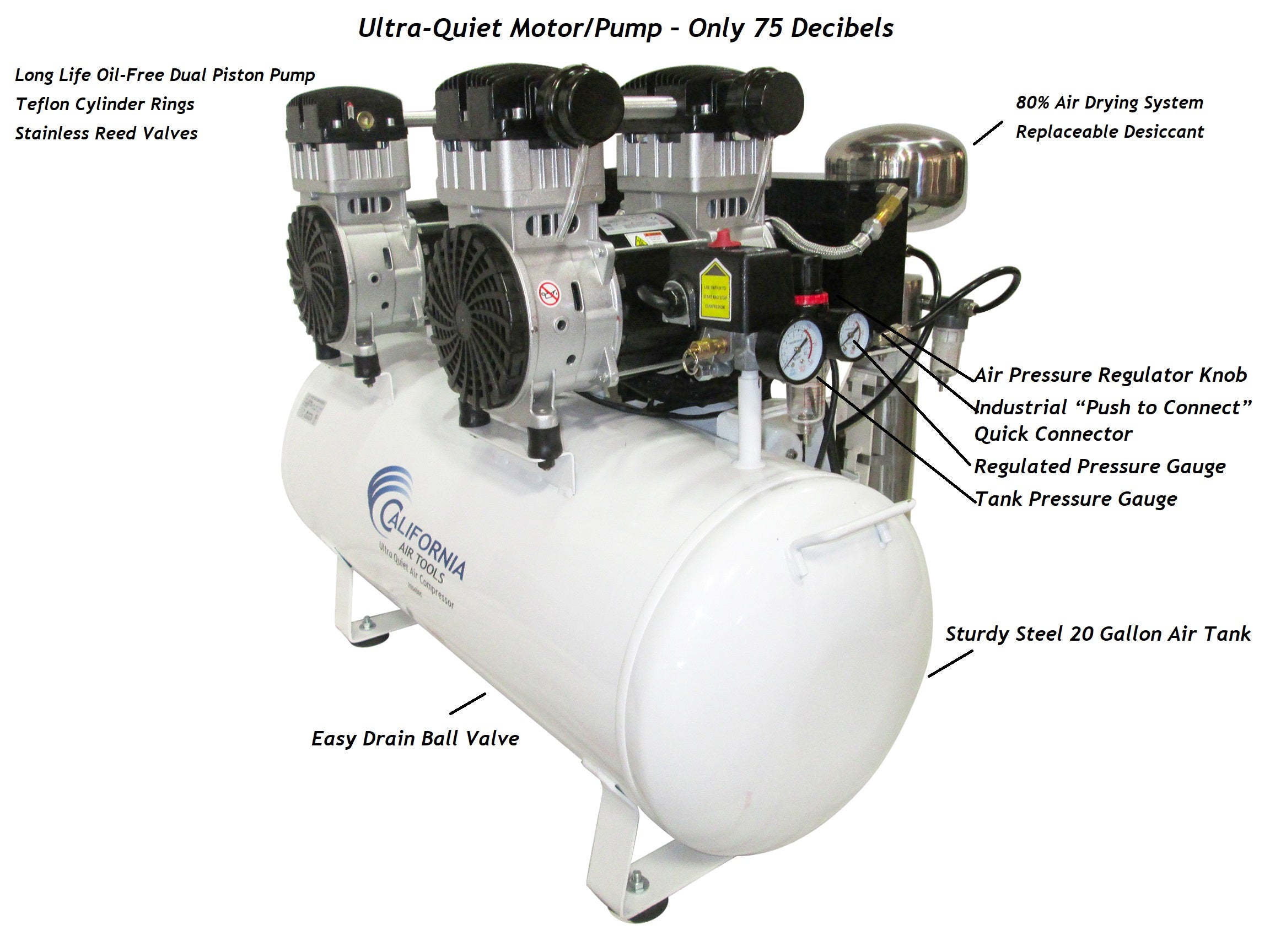 California Air Tools 4.0 Hp, 20.0 Gal. Steel Tank Ultra Quiet & Oil-Free Air Compressor with AirDrying System (220V 60HZ)