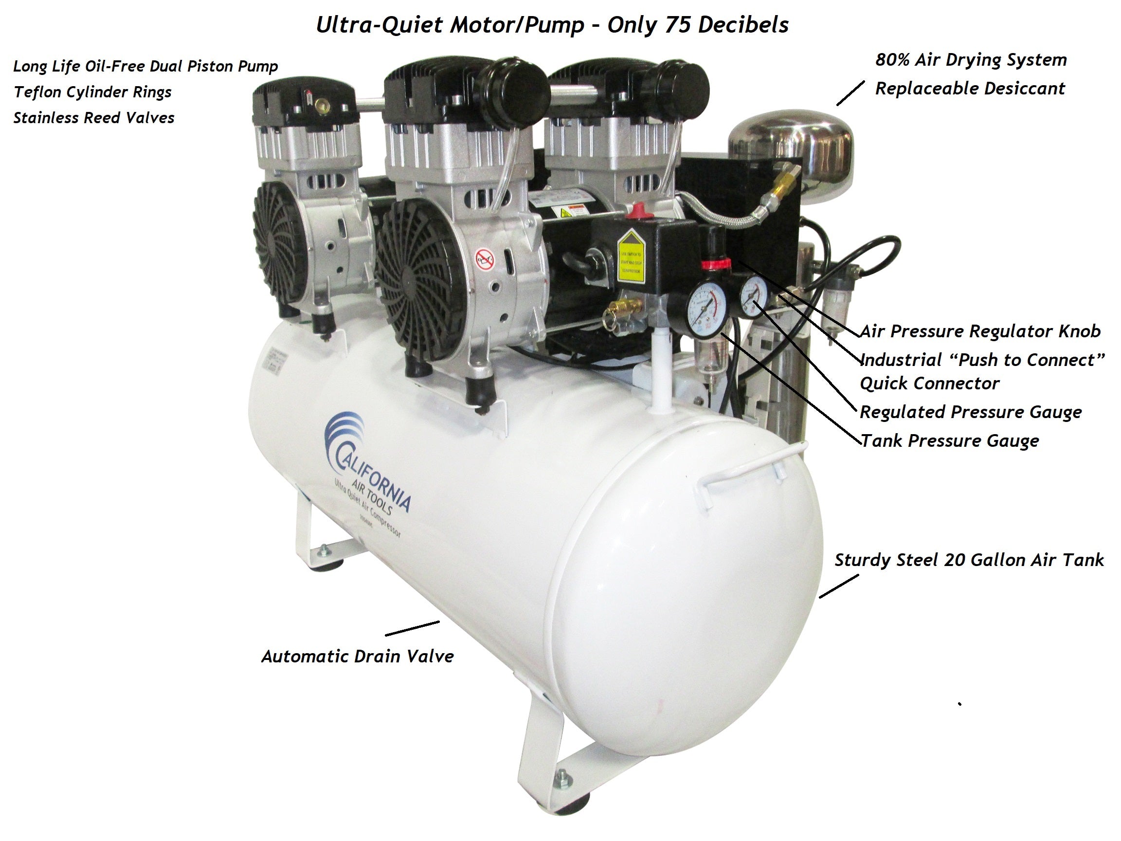 California Air Tools 4.0 Hp, 20.0 Gal. Steel Tank Ultra Quiet & Oil-Free Air Compressor with Air Drying System & Auto Drain