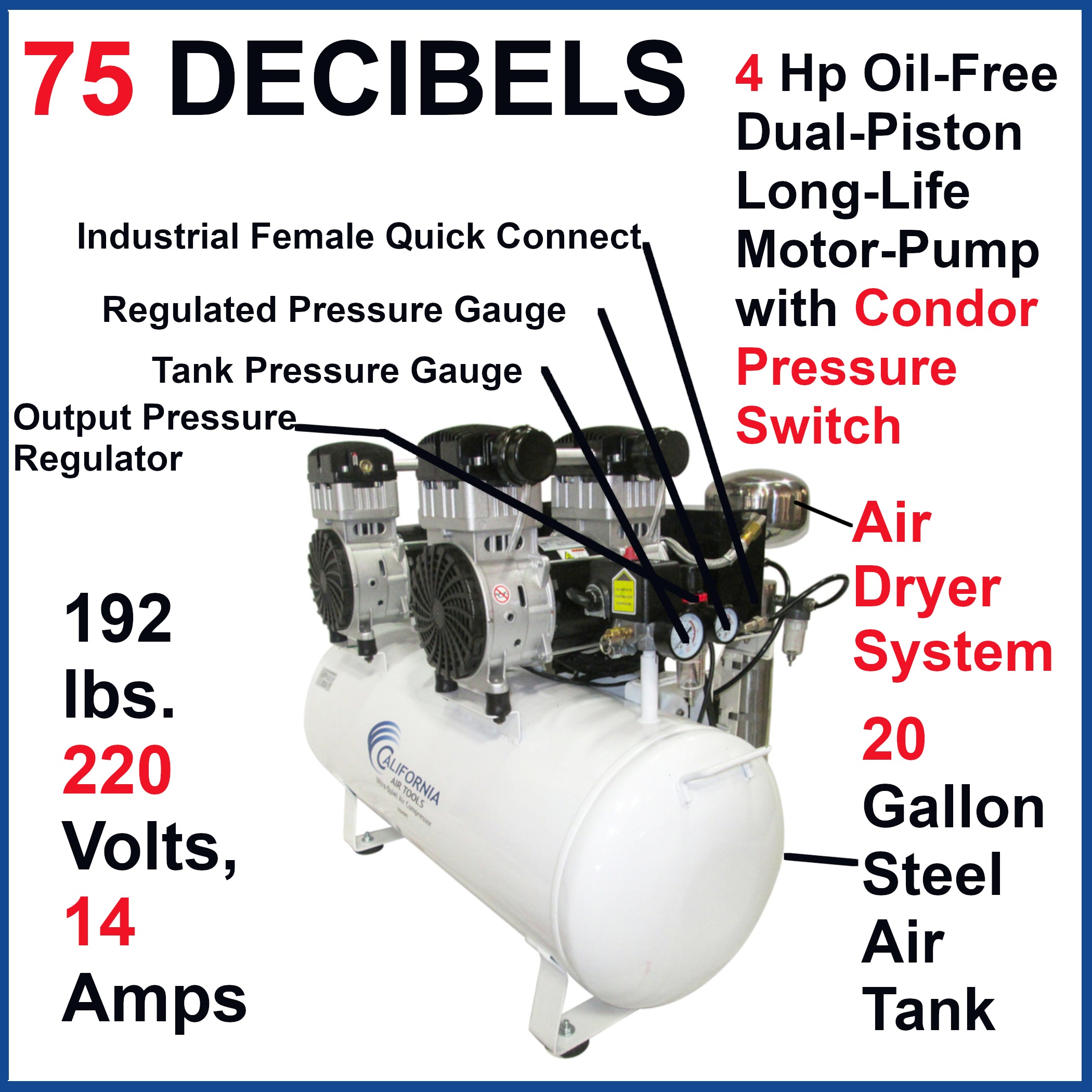 California Air Tools 4.0 Hp, 20.0 Gal. Steel Tank Air Ultra Quiet, Ultra Dry Oil-Free Compressor with Air Drying System & Auto Drain