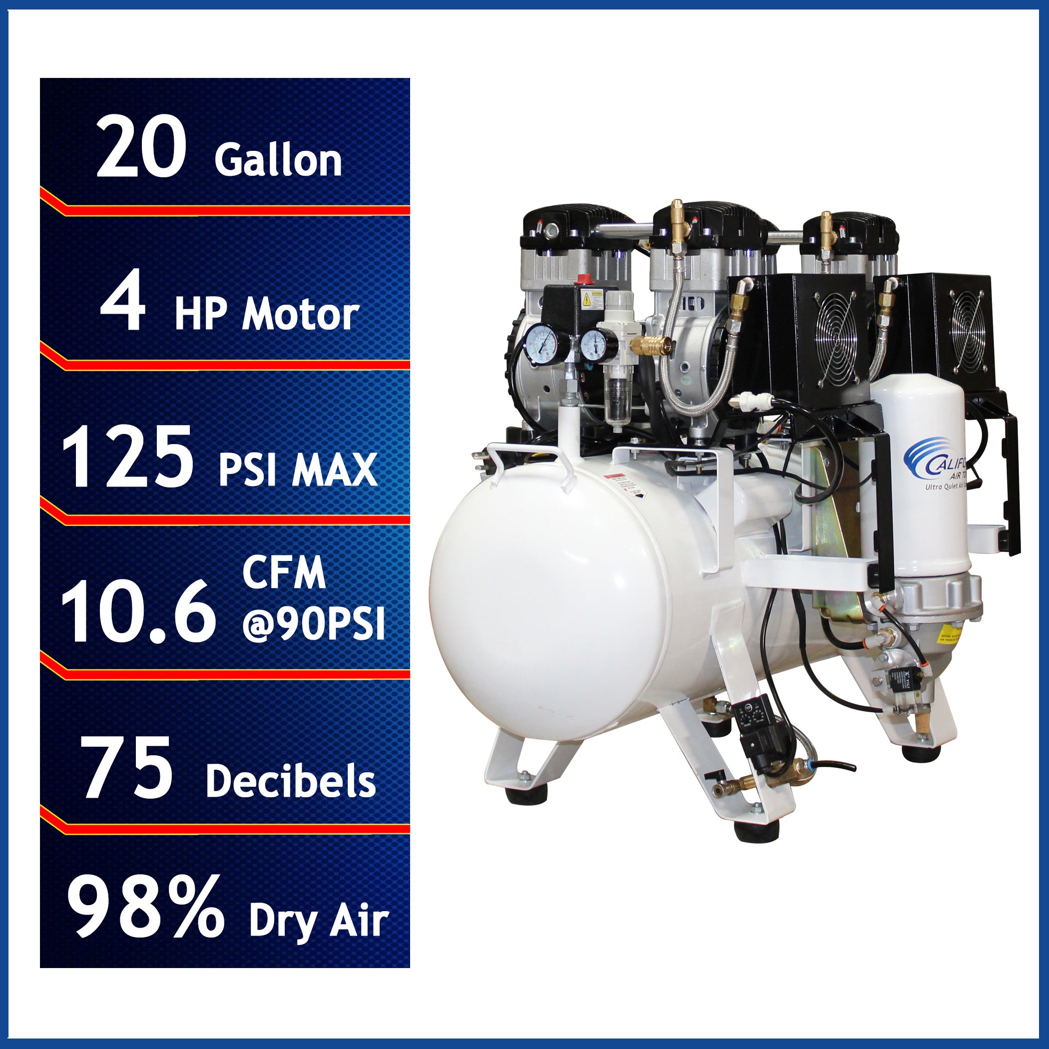 California Air Tools 4.0 Hp, 20.0 Gal. Steel Tank Air Ultra Quiet, Ultra Dry Oil-Free Compressor with Air Drying System & Auto Drain