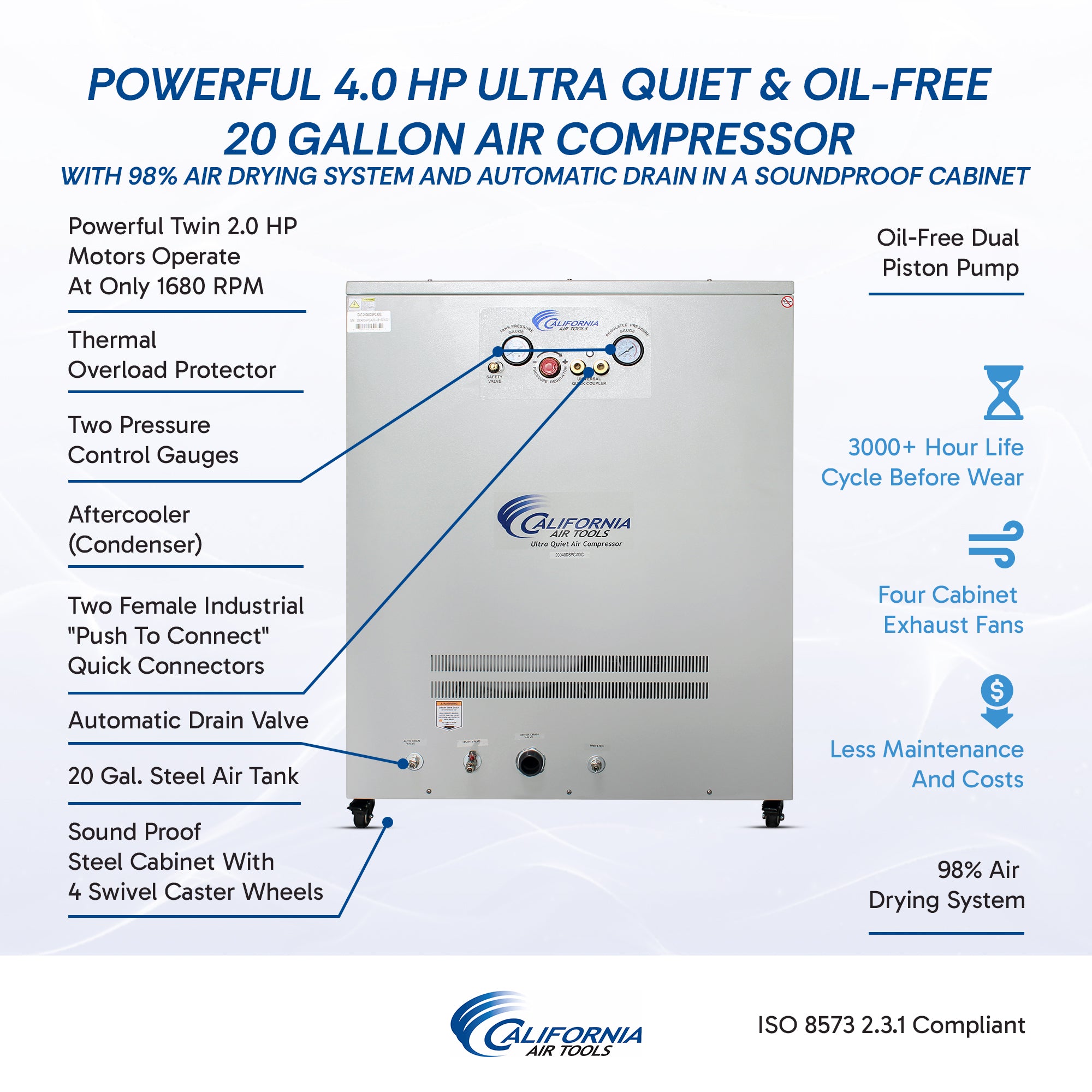 California Air Tools 4.0 Hp, 20.0 Gal. Ultra Quiet & Oil-Free Air Compressor with Air Drying System & Auto Drain in Cabinet