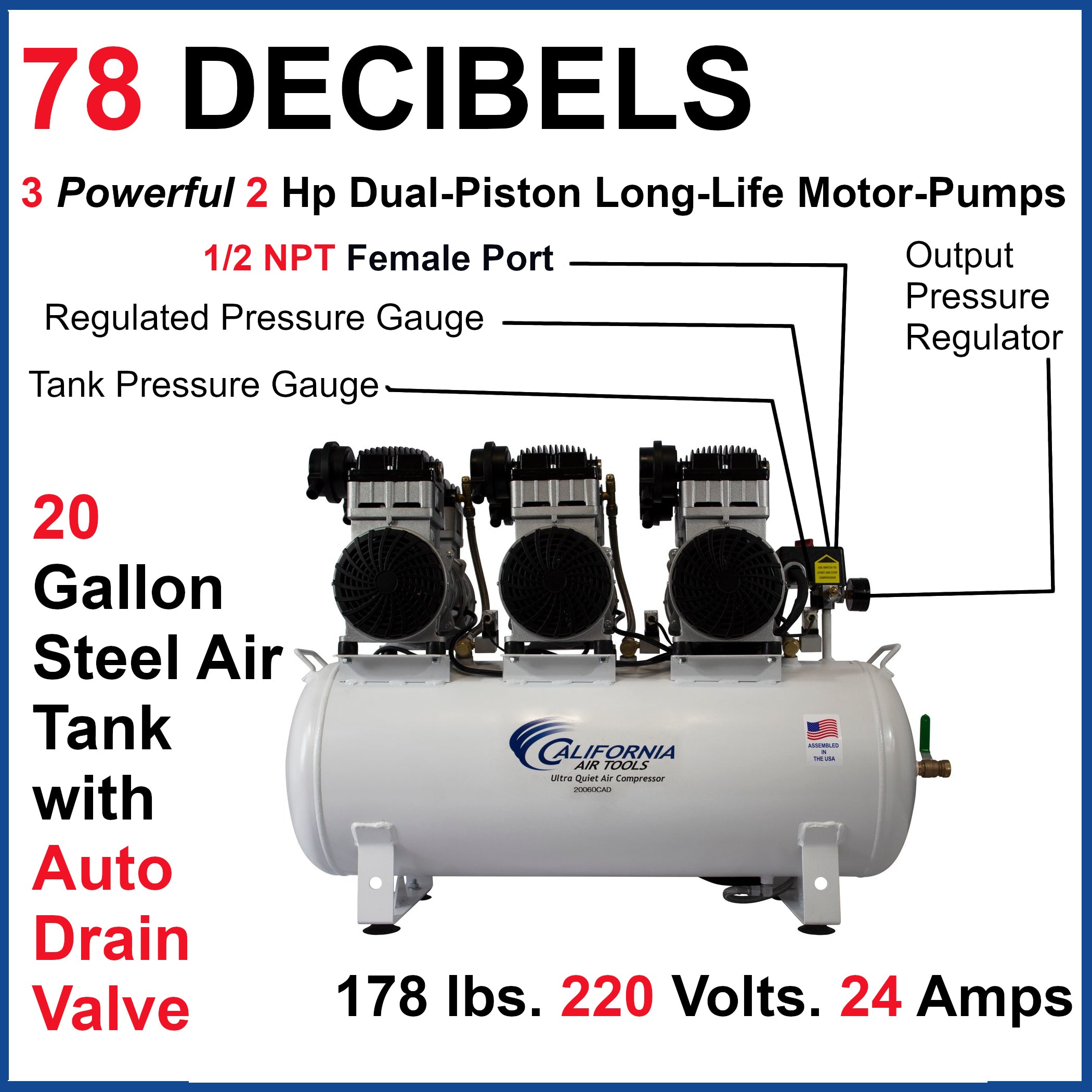 California Air Tools 6.0 Hp, 20.0 Gal. Steel Tank Ultra Quiet & Oil-Free Air Compressor with Auto Drain Valve