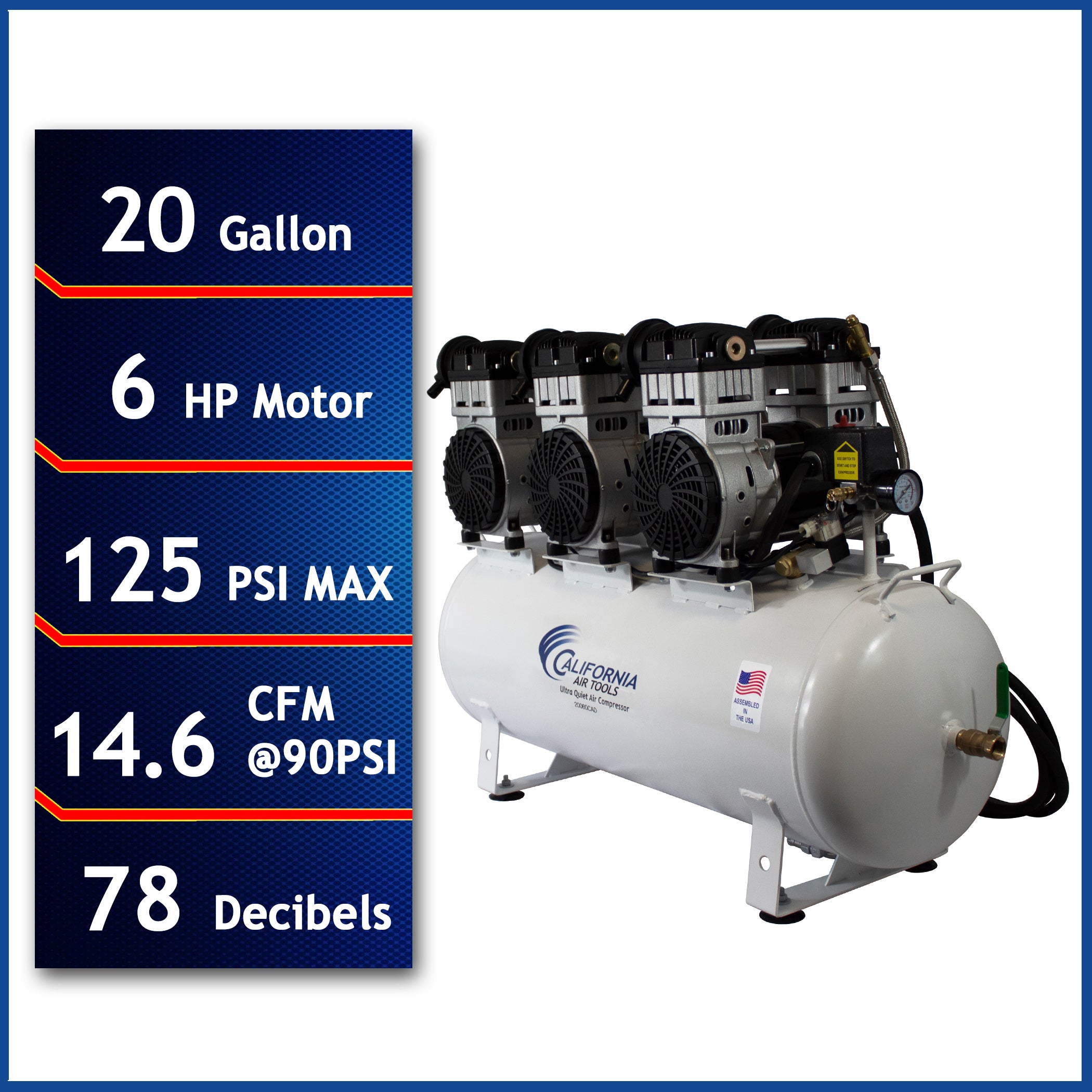 California Air Tools 6.0 Hp, 20.0 Gal. Steel Tank Ultra Quiet & Oil-Free Air Compressor with Auto Drain Valve