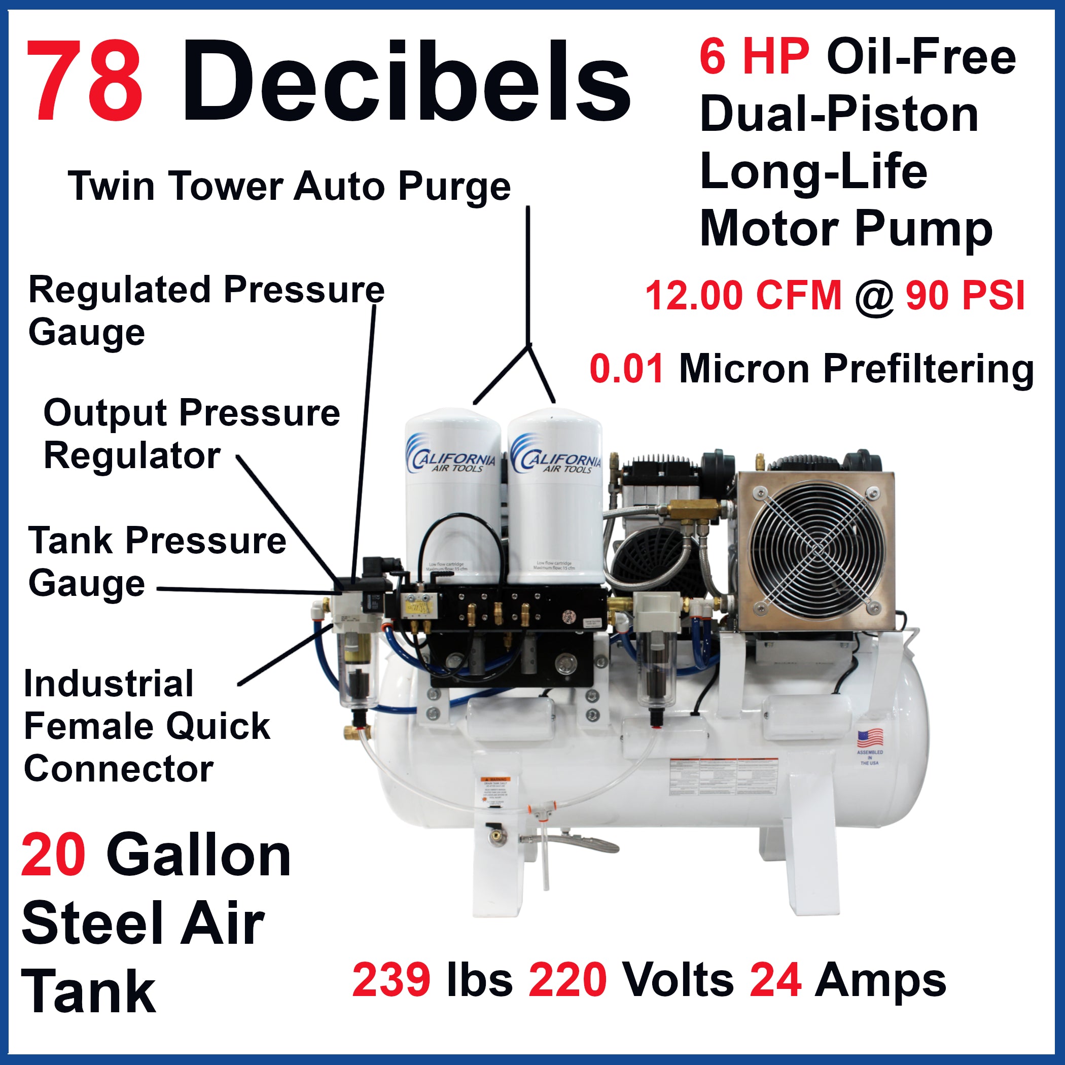 California Air Tools 6.0 Hp Ultra Quiet,Ultra Dry & Oil-Free Air Compressor with 98% Air Drying System and Twin-Tower Auto Purge