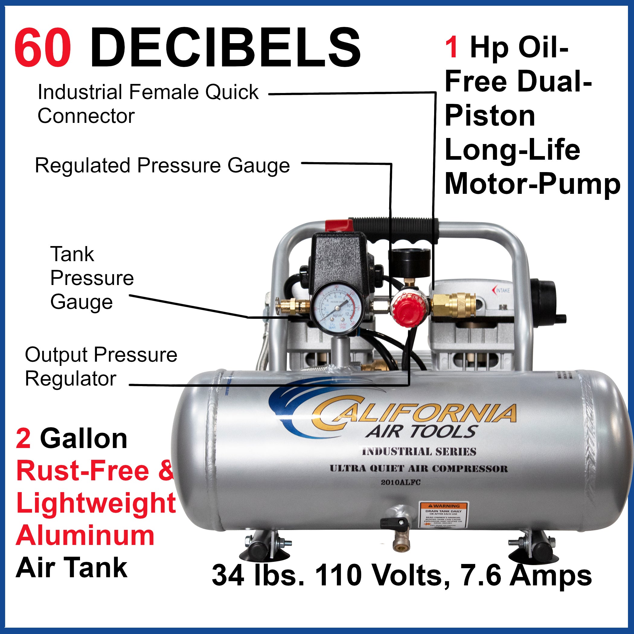 California Air Tools 1.0 Hp, 2.0 Gal. Aluminum Tank Ultra Quiet & Oil-Free Air Compressor
