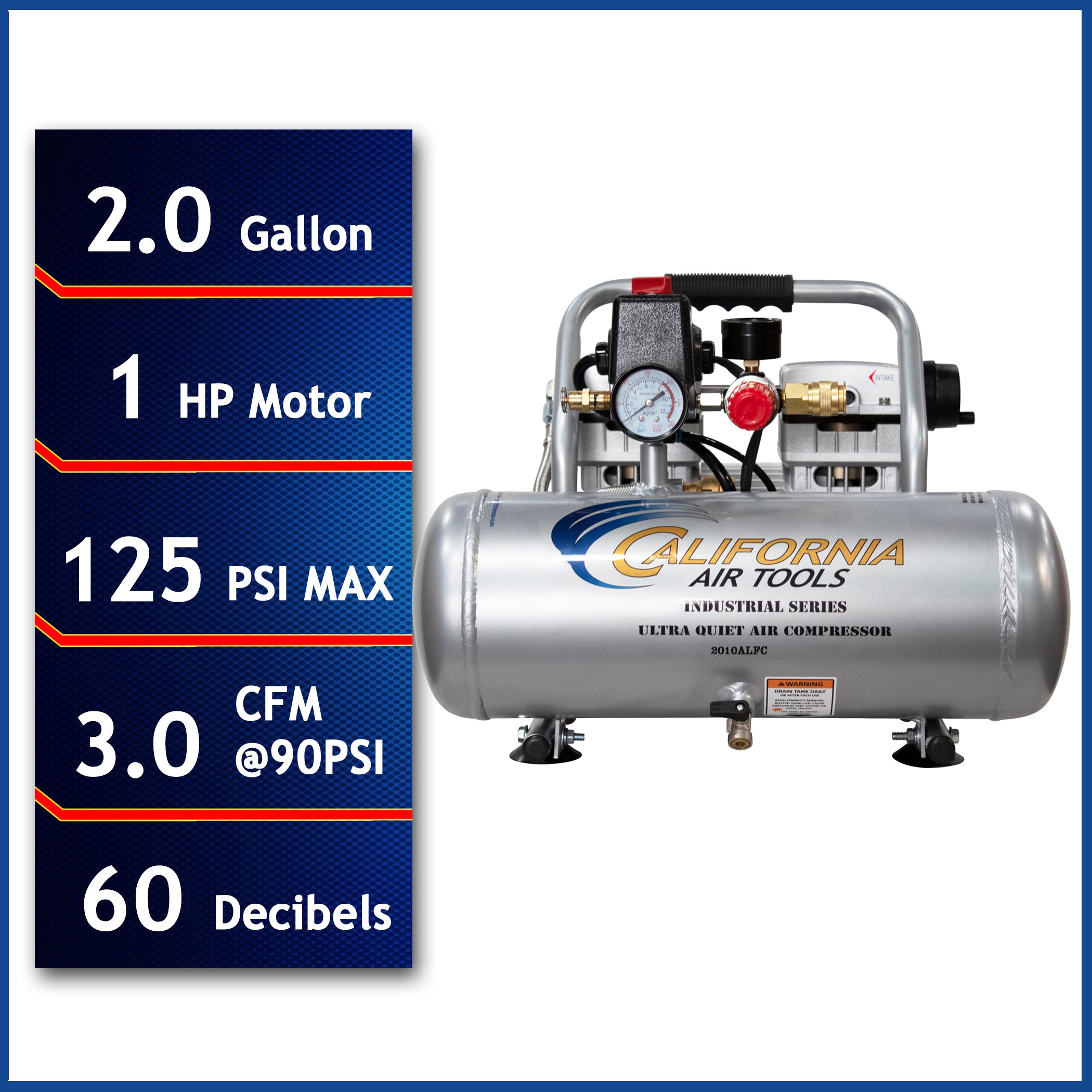 California Air Tools 1.0 Hp, 2.0 Gal. Aluminum Tank Ultra Quiet & Oil-Free Air Compressor