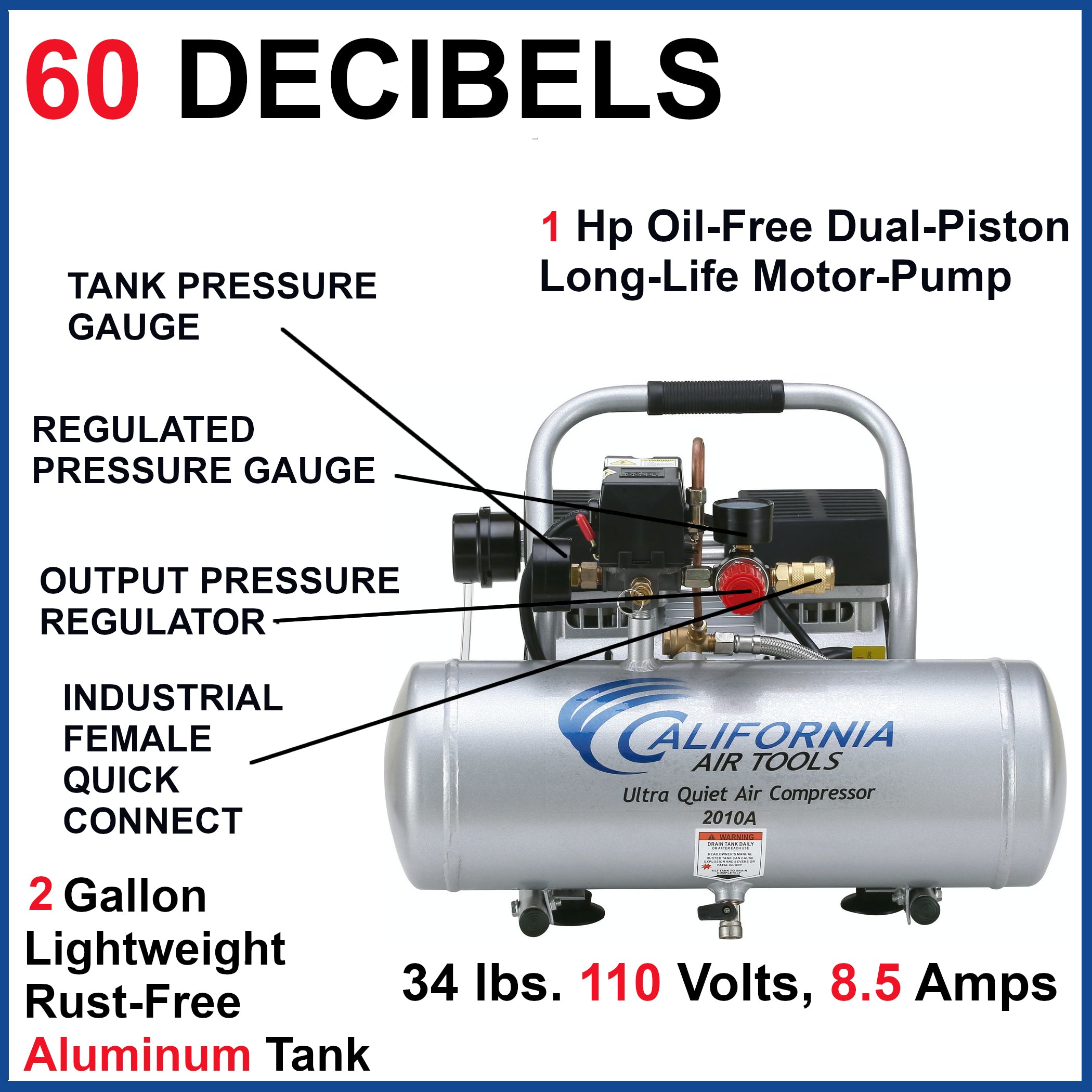 California Air Tools 1.0 Hp, 2.0 Gal. Aluminum Tank Ultra Quiet & Oil-Free Air Compressor