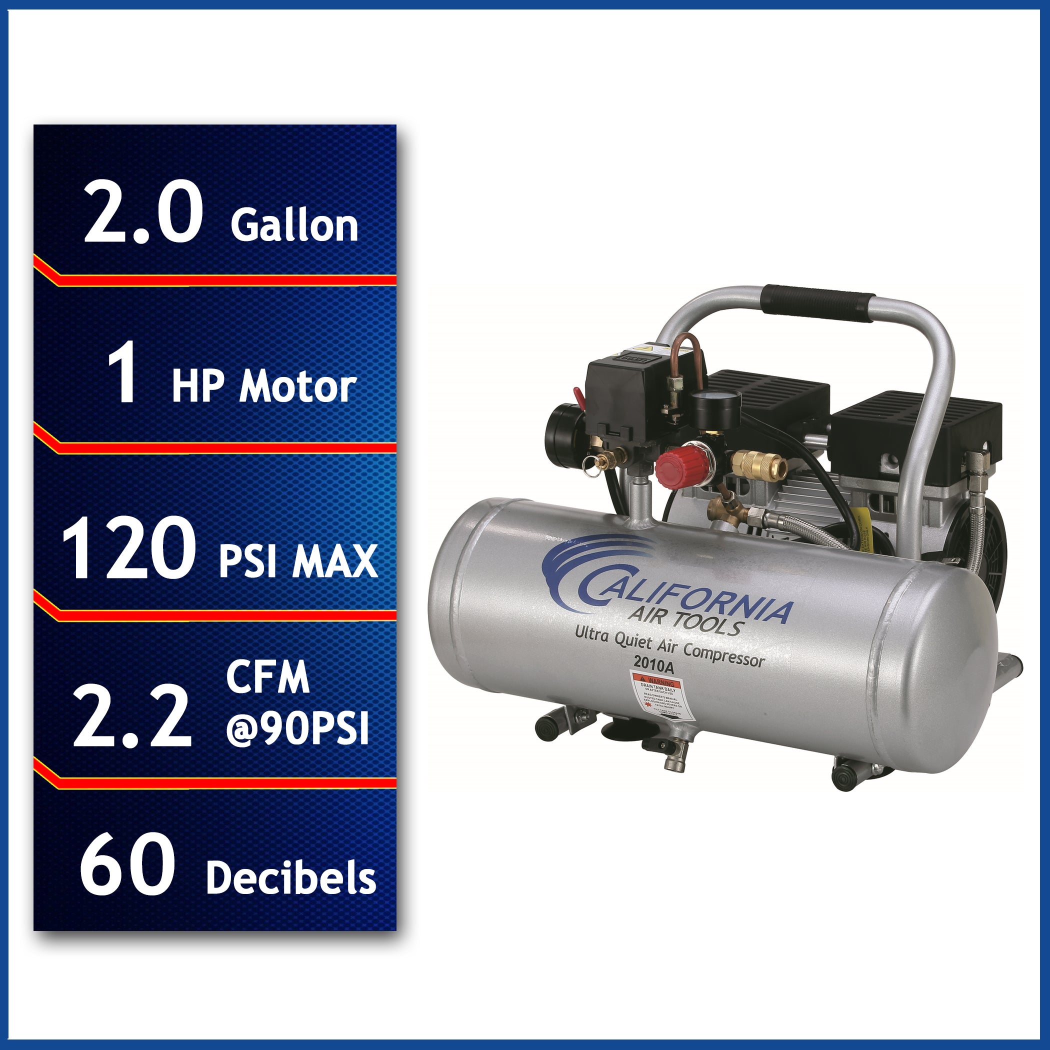 California Air Tools 1.0 Hp, 2.0 Gal. Aluminum Tank Ultra Quiet & Oil-Free Air Compressor